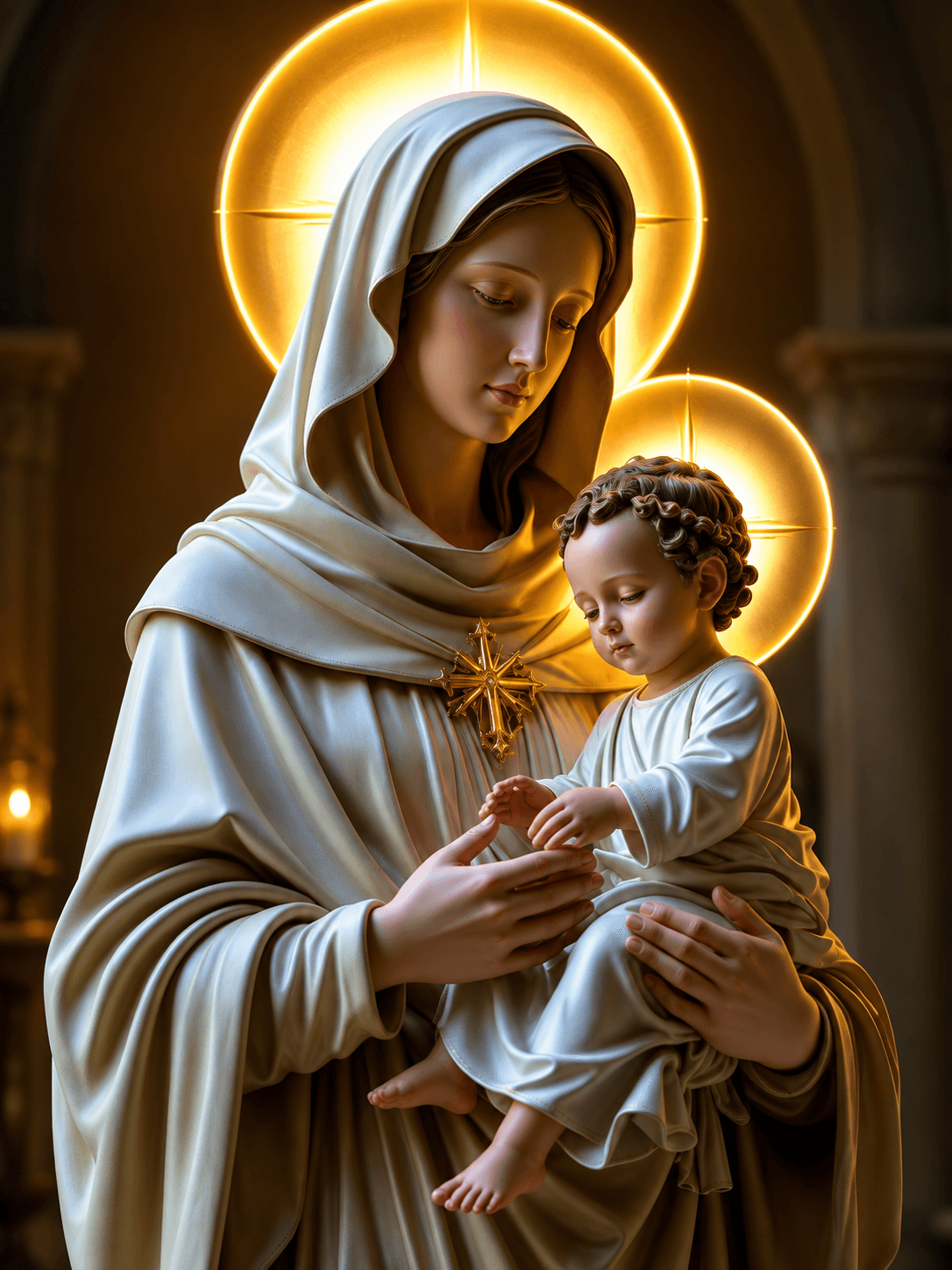 Mother Mary holding Baby Jesus in white robes with glowing golden halos in a peaceful devotional setting.