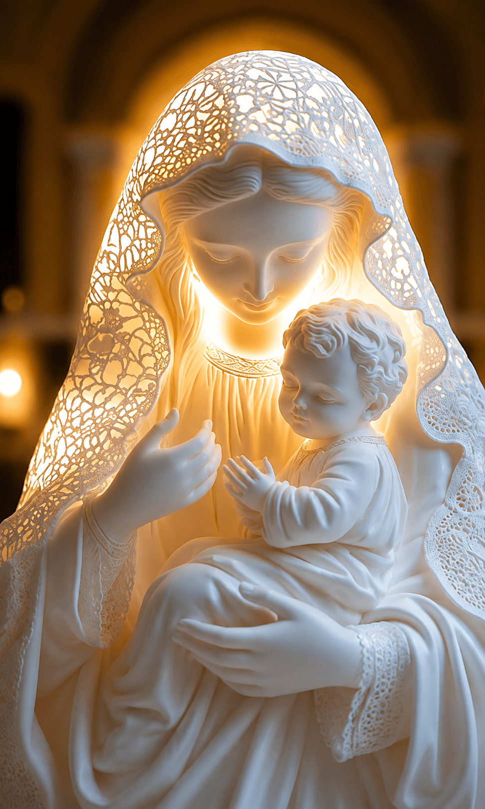 Mother Mary holding Baby Jesus in a glowing white statue with an intricate lace veil and warm golden light.