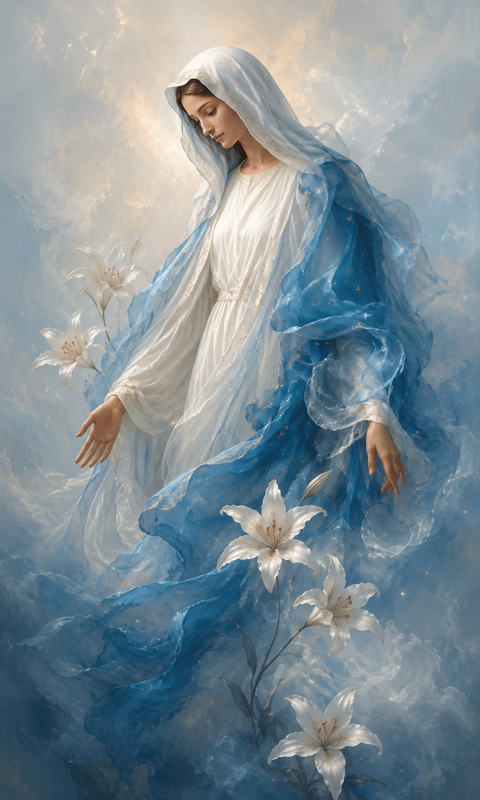 Mother Mary wearing a flowing blue and white robe, surrounded by white lilies against a soft heavenly blue background.