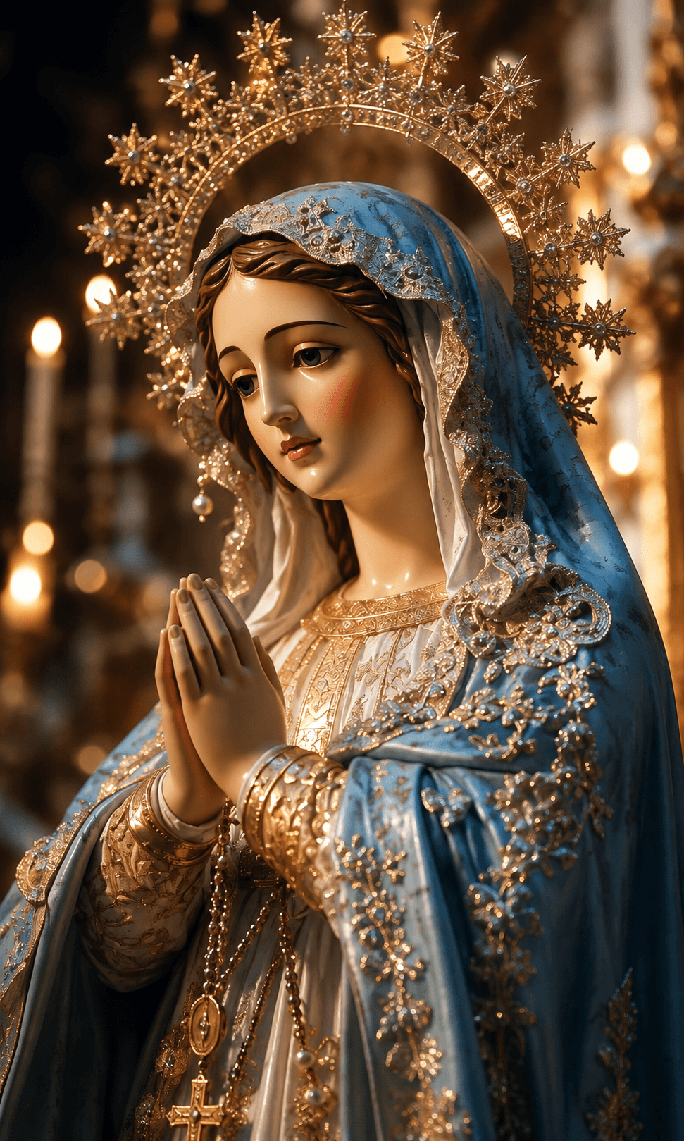 Mother Mary wearing an ornate blue veil and jeweled star halo, praying with a rosary and hands clasped, stunning high-resolution 4K image.