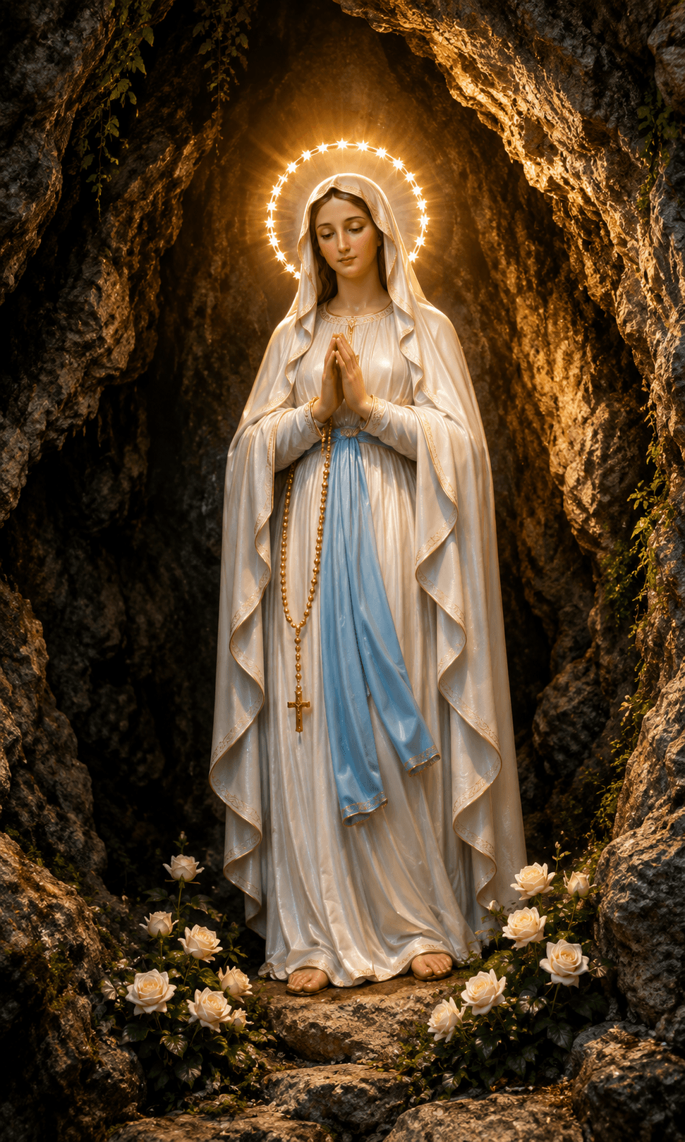 Mother Mary in a white robe and blue sash, praying with a rosary inside a rocky cave, surrounded by white roses and a radiant halo, 4K image.