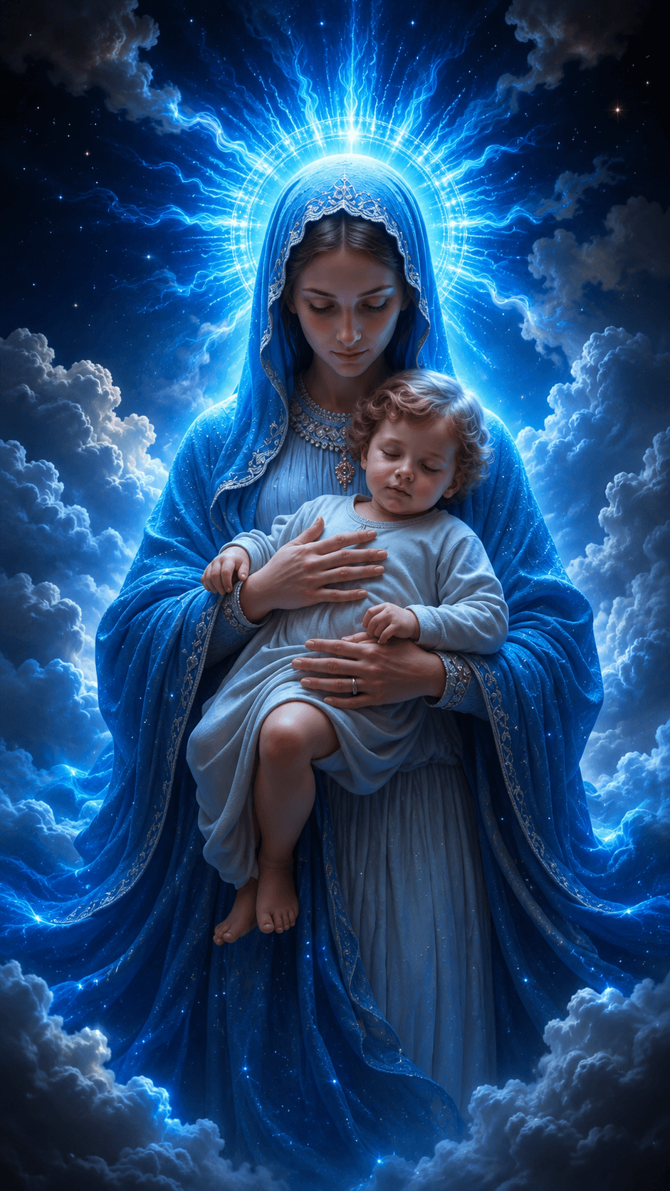 Mother Mary holding child Jesus in a blue robe, surrounded by glowing blue light, clouds and a radiant halo, high-resolution 4K image.