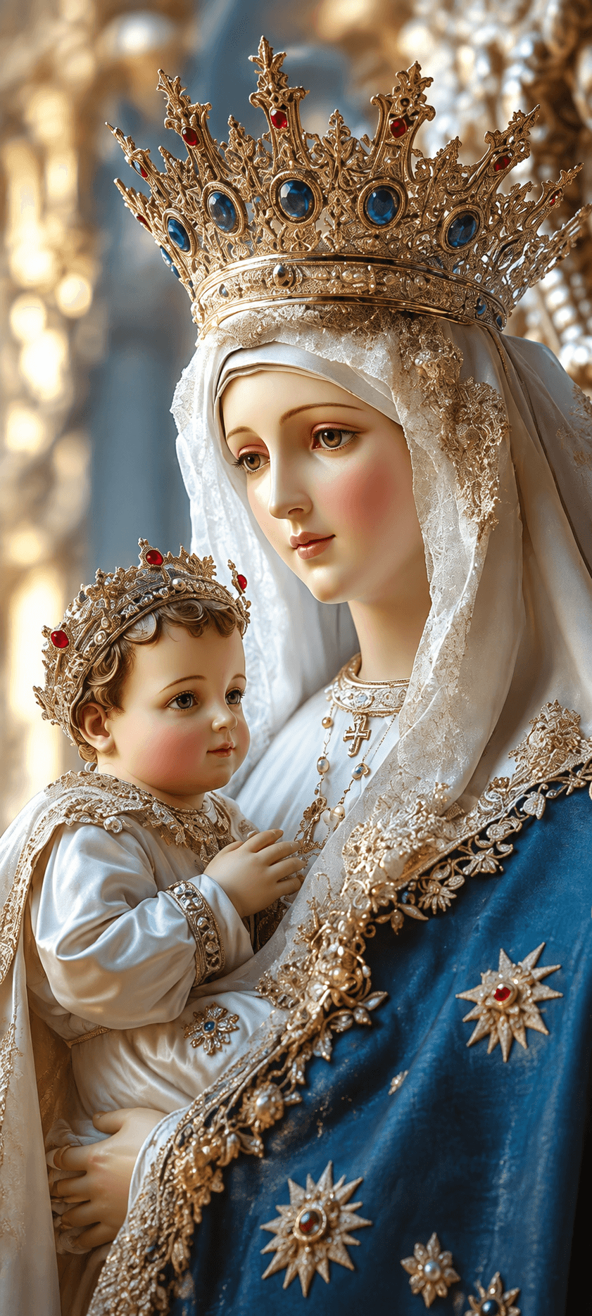 Mother Mary holding baby Jesus, wearing a blue and white robe with an ornate jeweled crown, high-resolution 4K devotional image.
