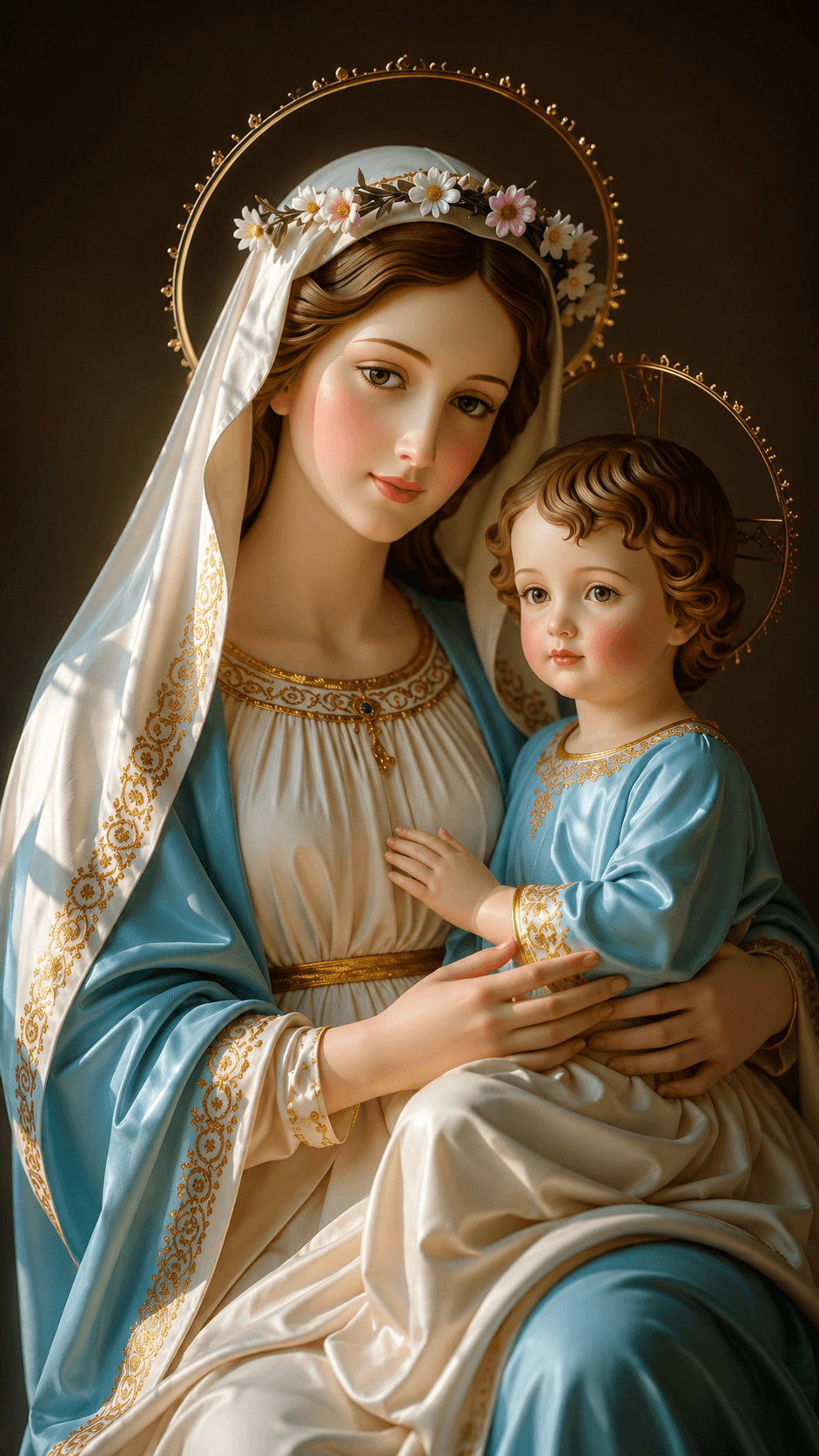 Mother Mary holding child Jesus in a white and blue robe, wearing a floral veil and golden halo, high-resolution 4K devotional image.