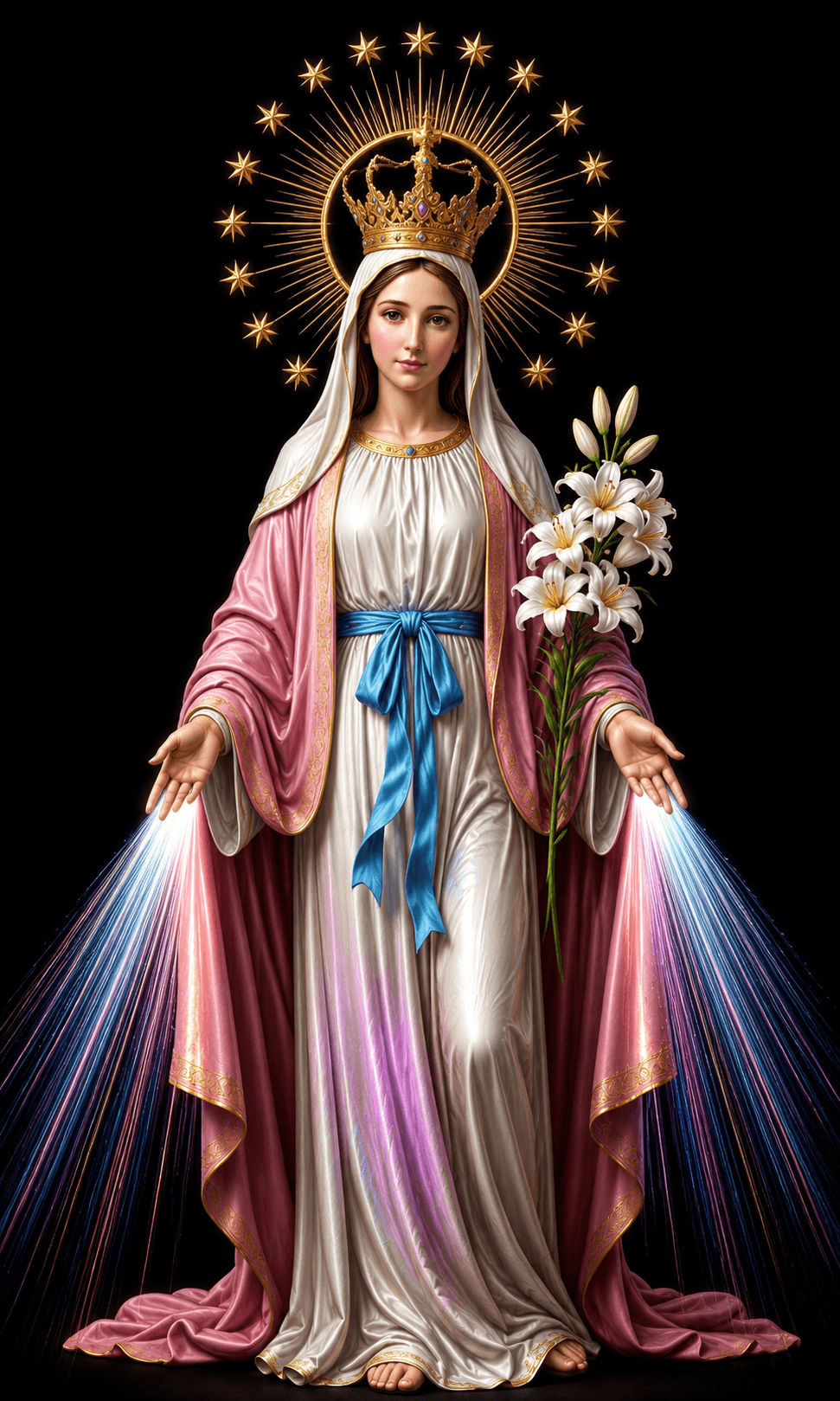 Mother Mary wearing a golden crown and pink mantle, holding white lilies with radiant streams of light from her hands, high-resolution 4K image.