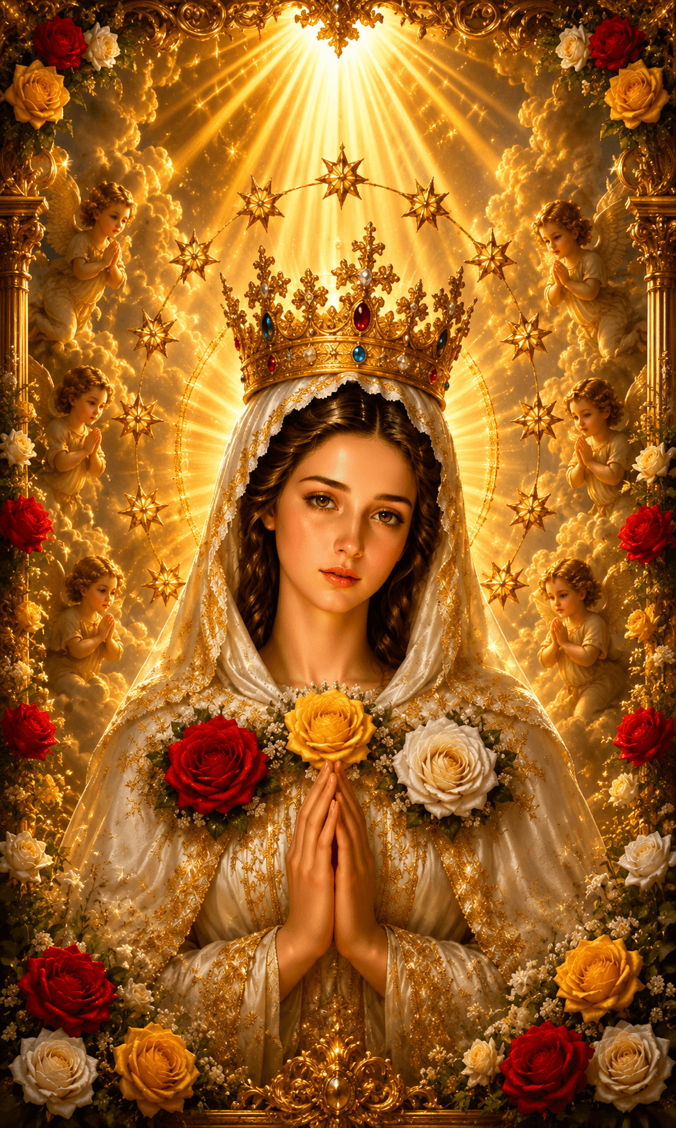 Mother Mary wearing a jeweled golden crown and white veil, praying among red, yellow and white roses with angels and radiant light, 4K image.