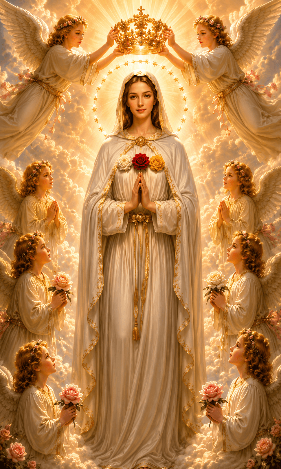 Mother Mary in a white robe with a golden crown, surrounded by praying angels holding roses and radiant heavenly light, high-resolution 4K image.
