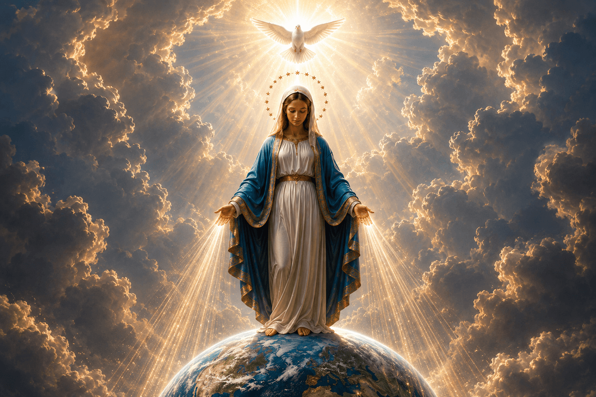 Mother Mary standing above Earth in a blue and white robe, surrounded by radiant clouds and golden light with a white dove overhead.