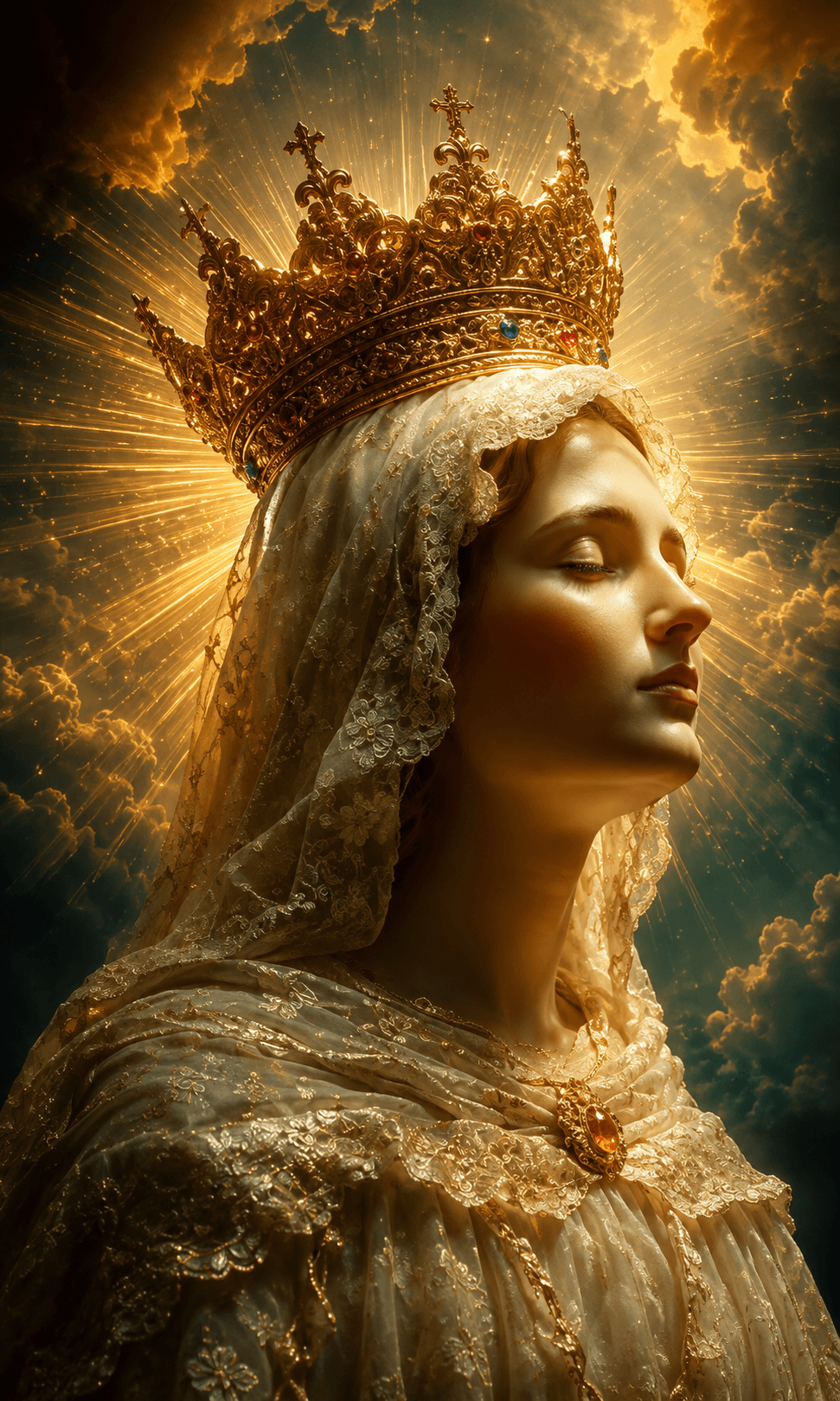 Mother Mary wearing an ornate jeweled golden crown and lace veil, shown in profile with radiant golden light and clouds, high-resolution 4K image.