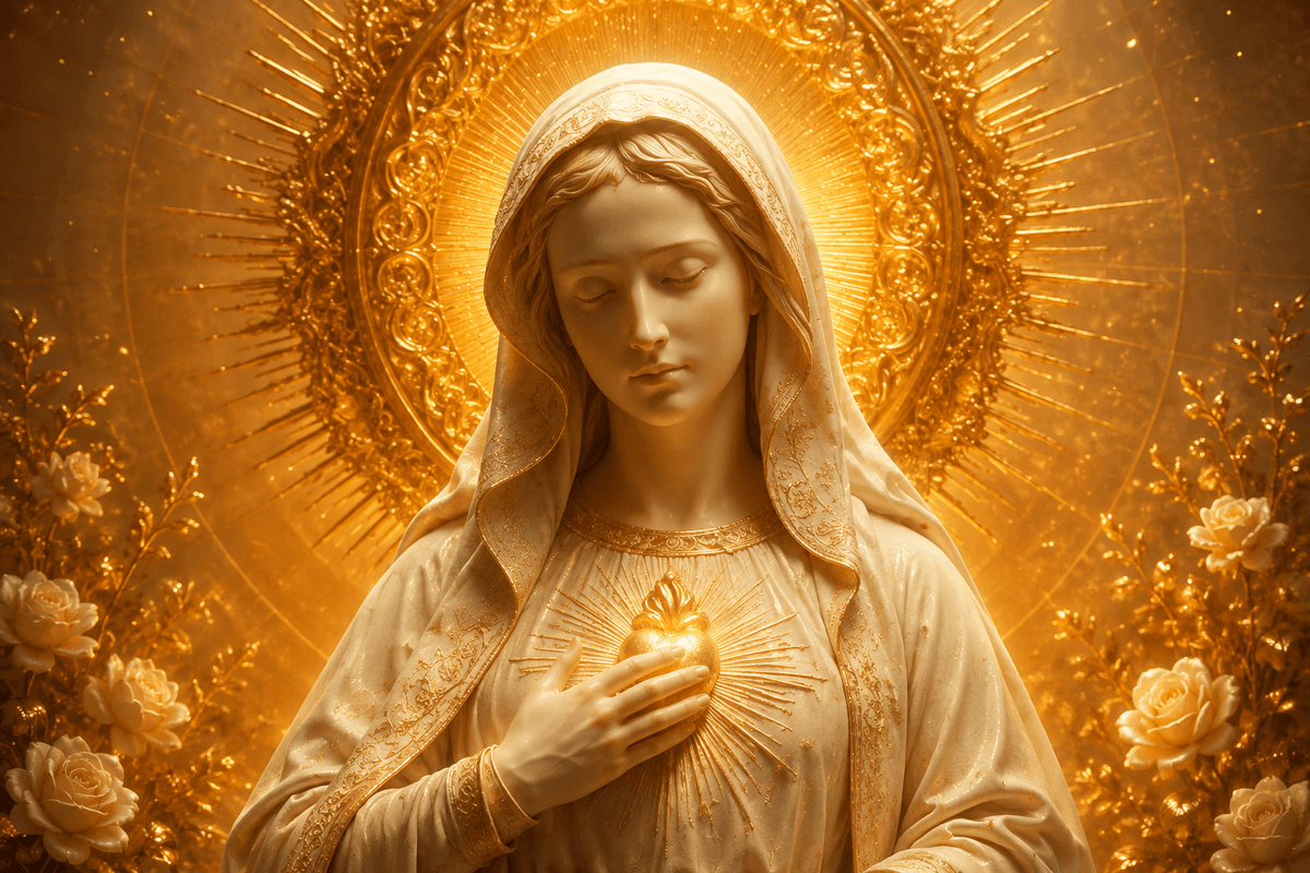 Mother Mary wearing a white veil with a radiant golden sacred heart, surrounded by roses, in a stunning high-resolution 4K image.