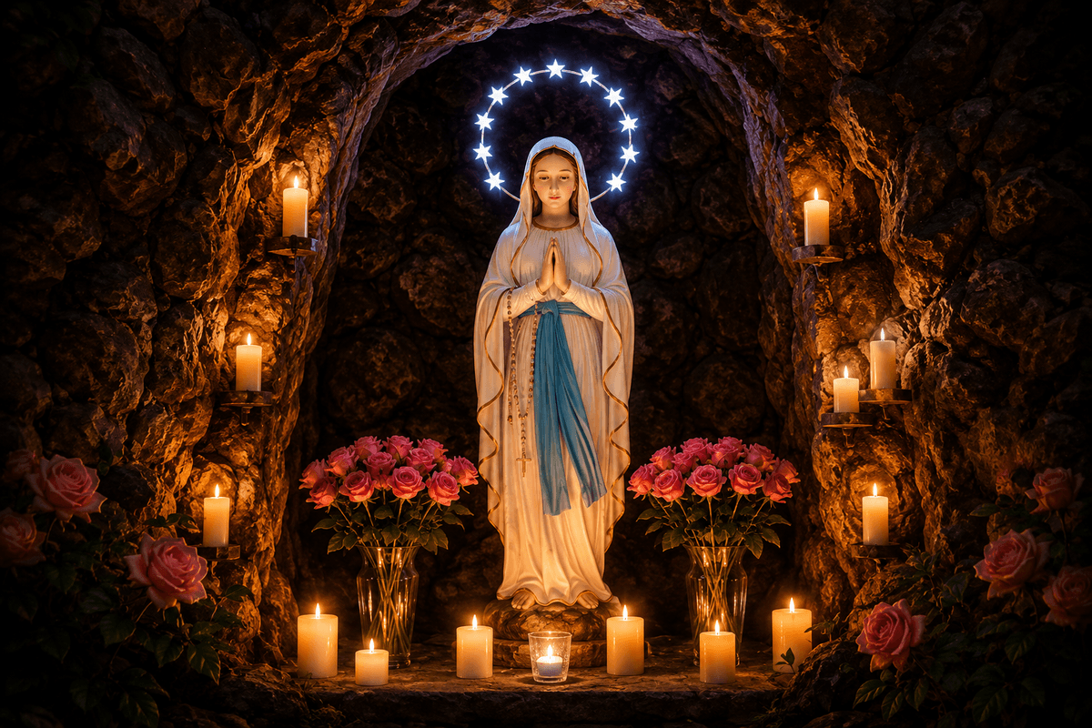 Mother Mary praying inside a rocky grotto, surrounded by candles, pink roses and a radiant star halo, high-resolution devotional image.
