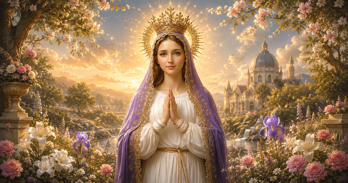 Mother Mary in a white robe and purple veil praying in a flower garden with a cathedral, high-resolution 4K image for download.