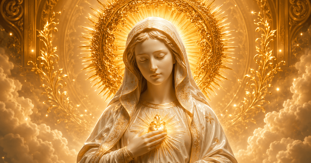Mother Mary in a white and gold robe with a radiant halo, surrounded by golden light and clouds, high-resolution 4K image for download