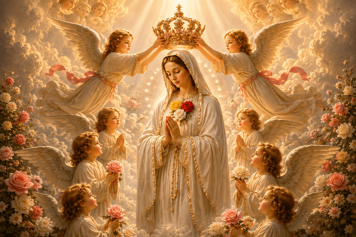 Mother Mary in white robes praying with angels, roses and a golden crown, stunning 4K high-resolution image for download.