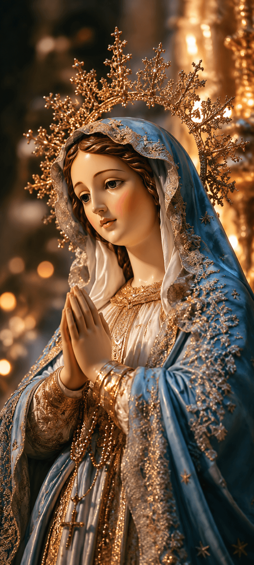 Mother Mary wearing a blue and white embroidered robe, praying with hands together and a golden halo, high-resolution 4K devotional image.