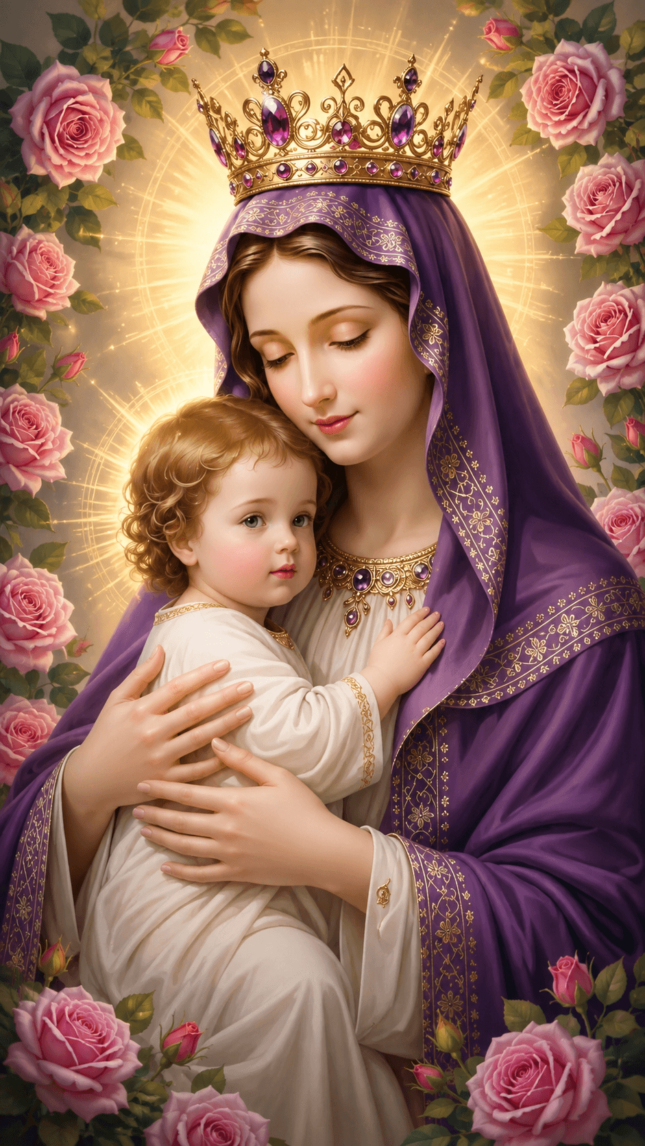 Mother Mary holding baby Jesus, wearing a jeweled purple crown and veil among pink roses, high-resolution devotional image for download.