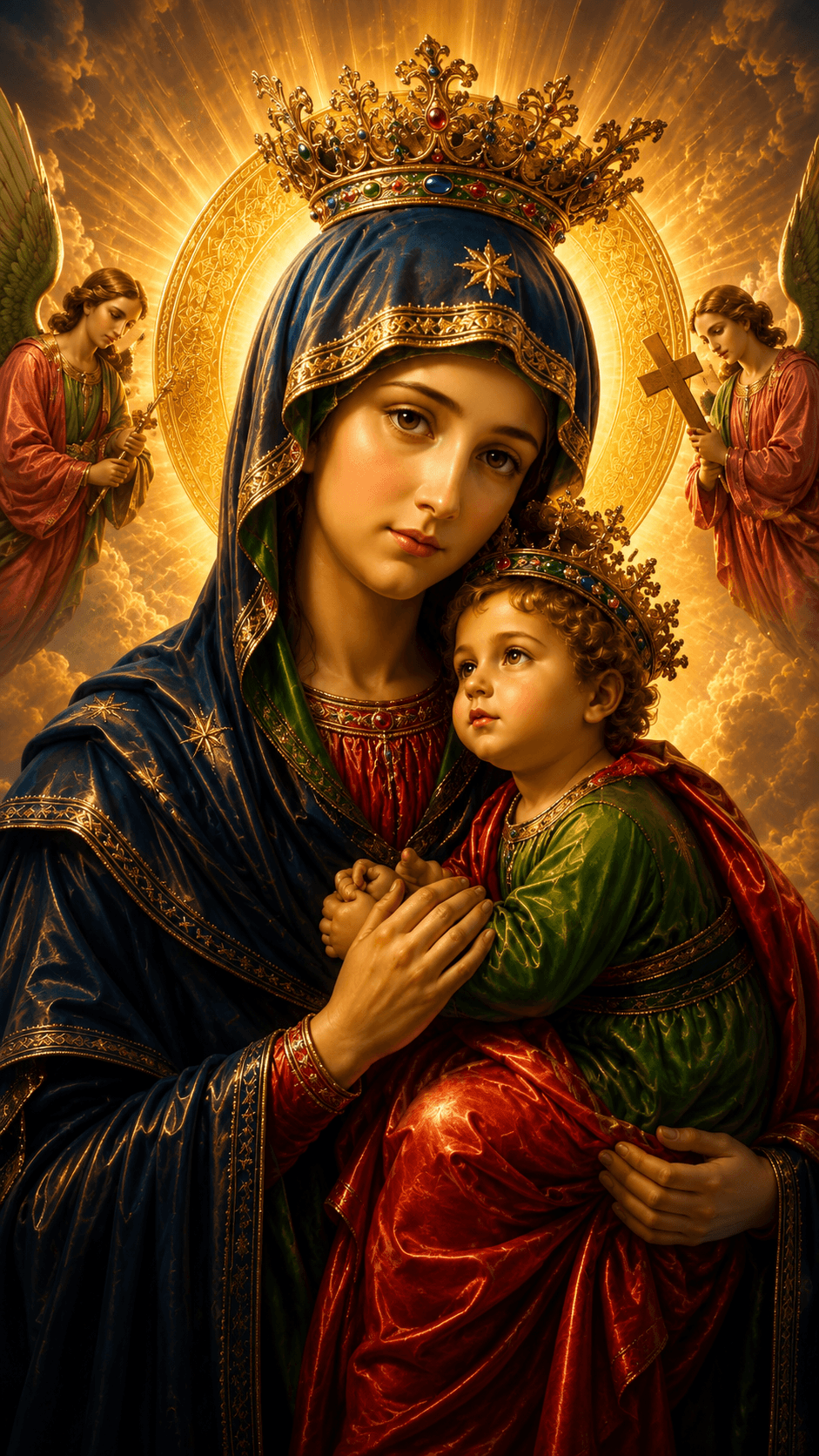 Mother Mary holding baby Jesus in a richly detailed blue and red robe, wearing a jeweled crown with angels and golden light behind her