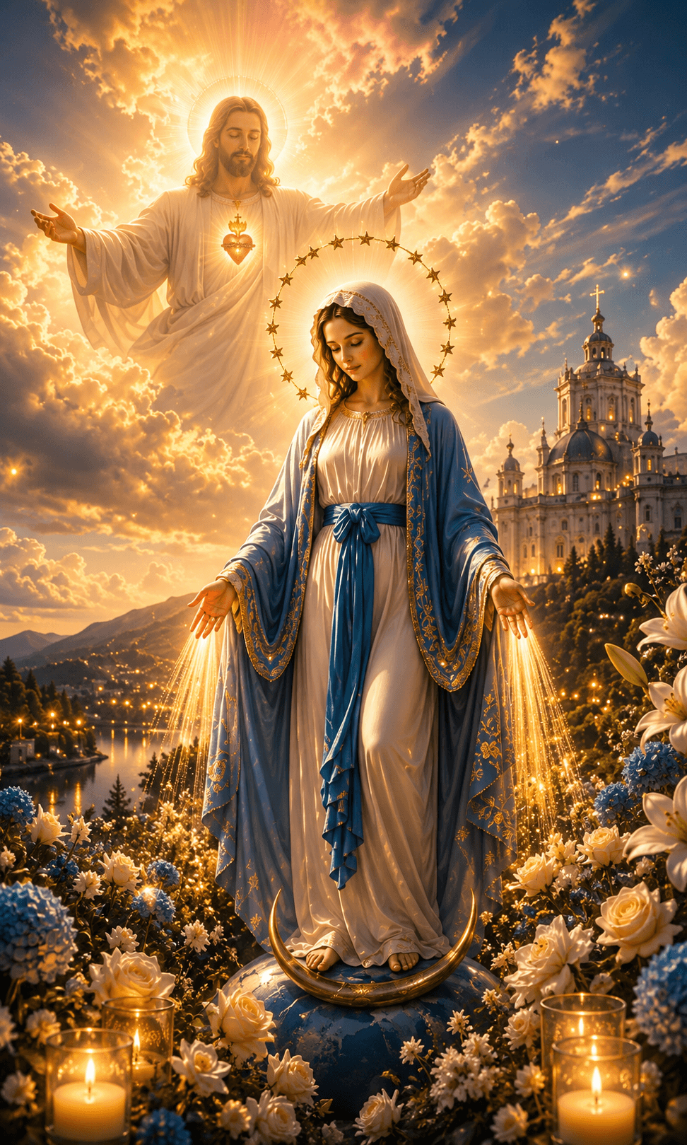 Mother Mary in a blue mantle with a star halo, standing beneath Jesus with radiant Sacred Heart, surrounded by flowers and a glowing church, 4K image.