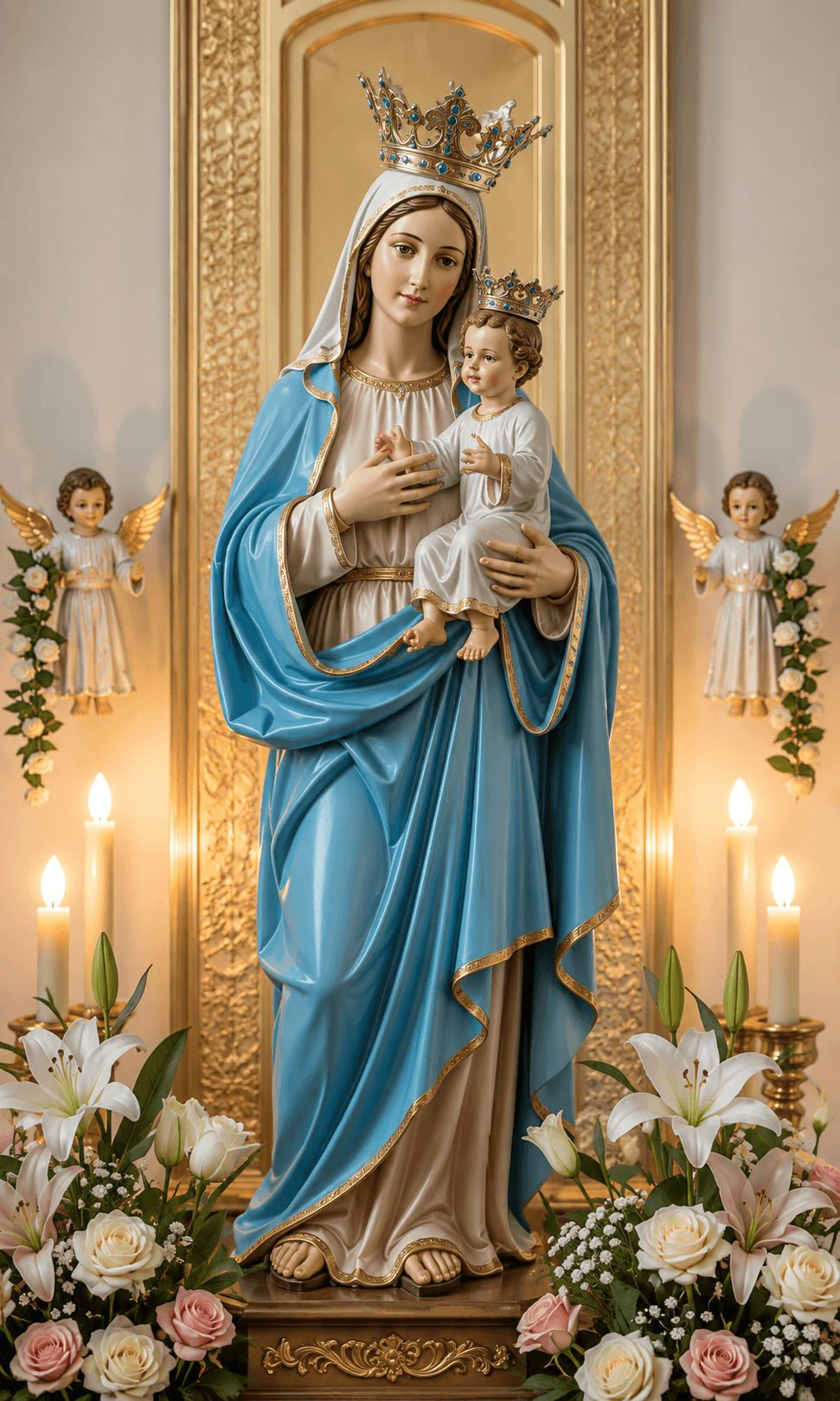 Mother Mary wearing a blue mantle and jeweled crown, holding baby Jesus, surrounded by angels, candles, roses and white lilies, 4K image