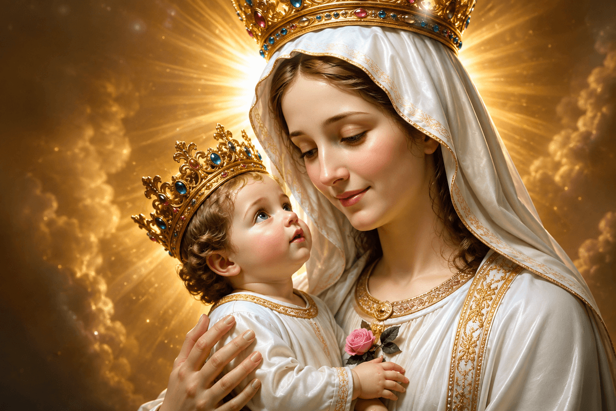 Mother Mary holding baby Jesus in white and gold robes with jeweled crowns, surrounded by radiant golden light and clouds, high-resolution devotional image.