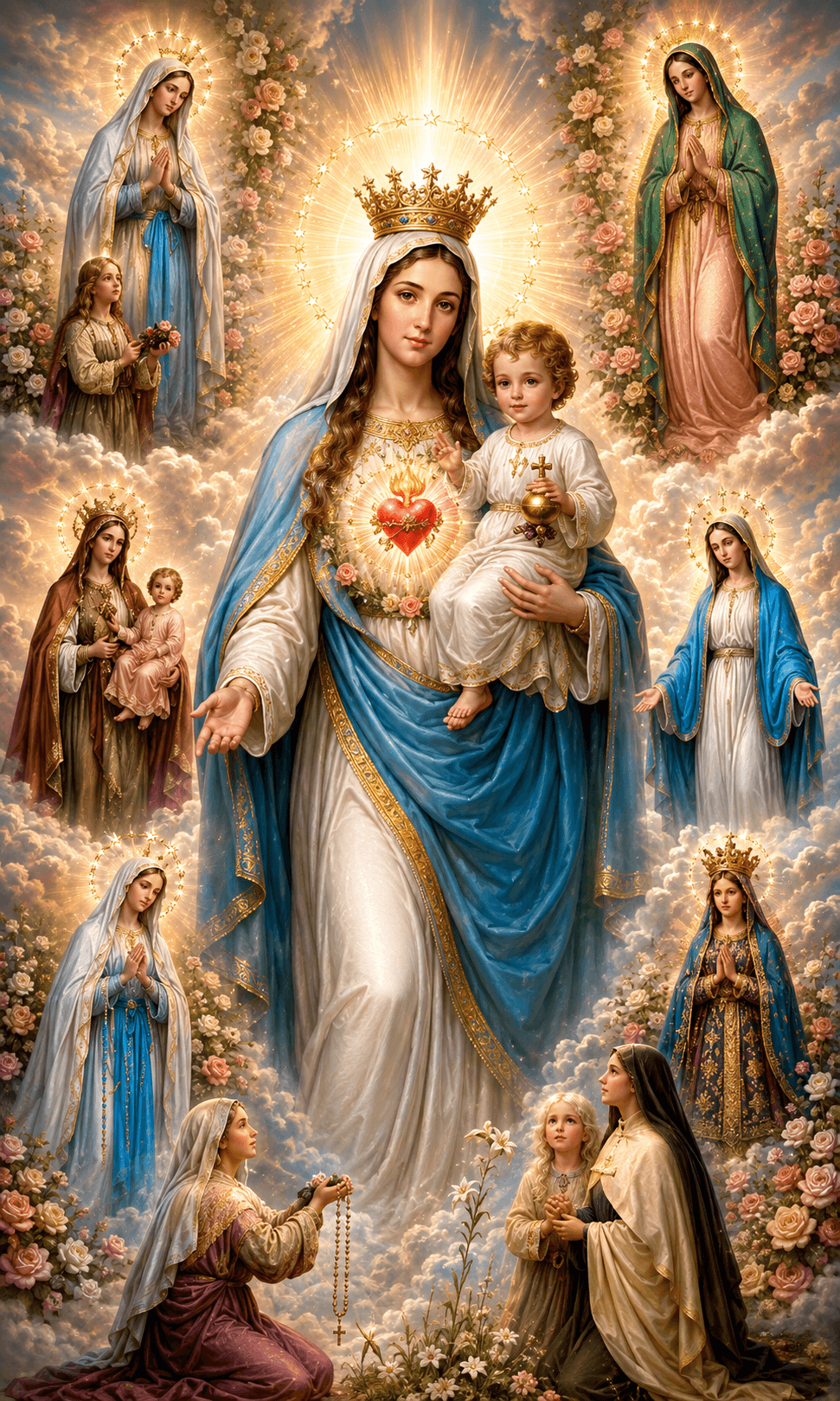 Mother Mary wearing a blue mantle and golden crown, holding baby Jesus with radiant halos, surrounded by Marian figures, roses and clouds, 4K image.