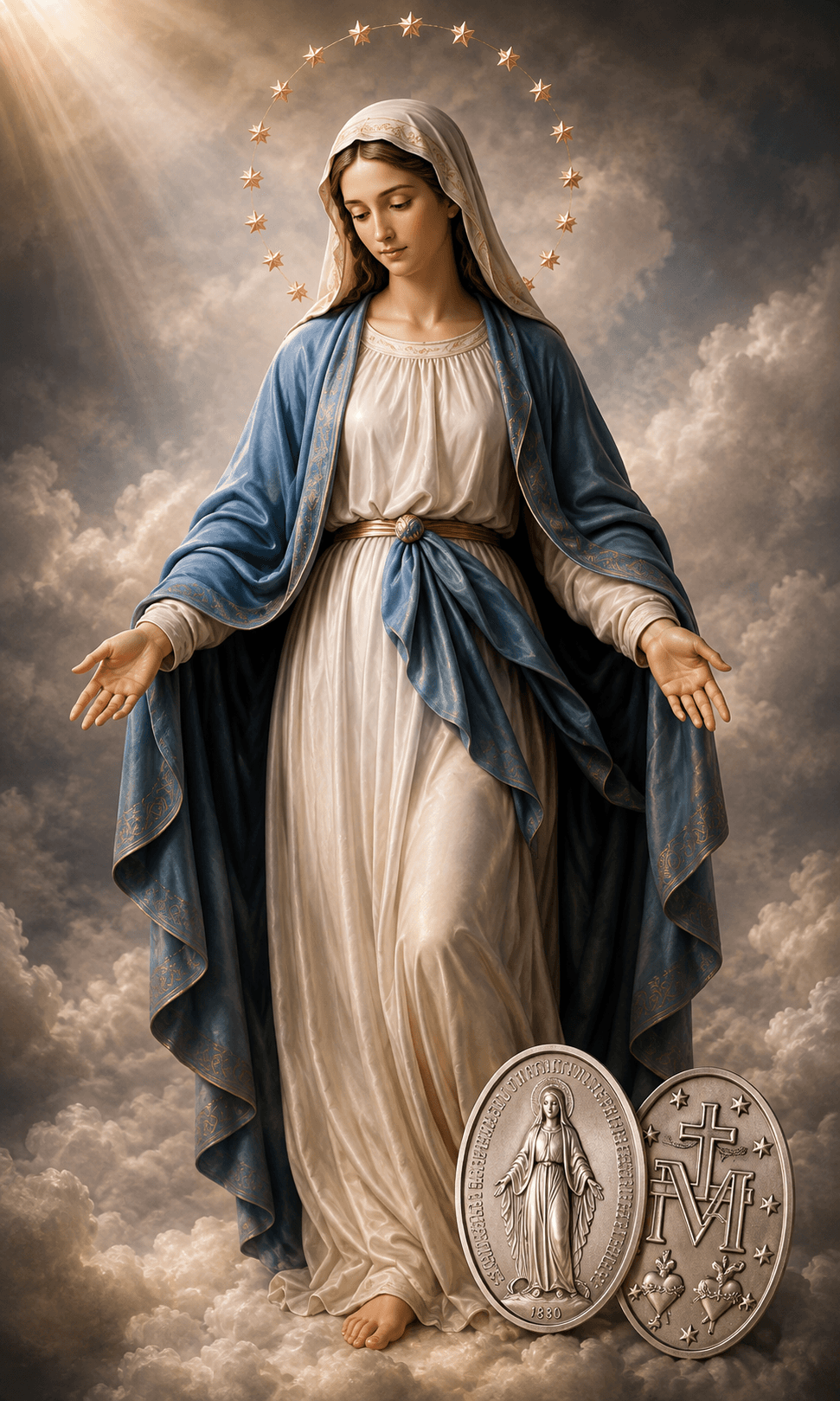 Mother Mary wearing a blue mantle and white robe with a star halo, standing on clouds beside a Miraculous Medal, high-resolution 4K image.