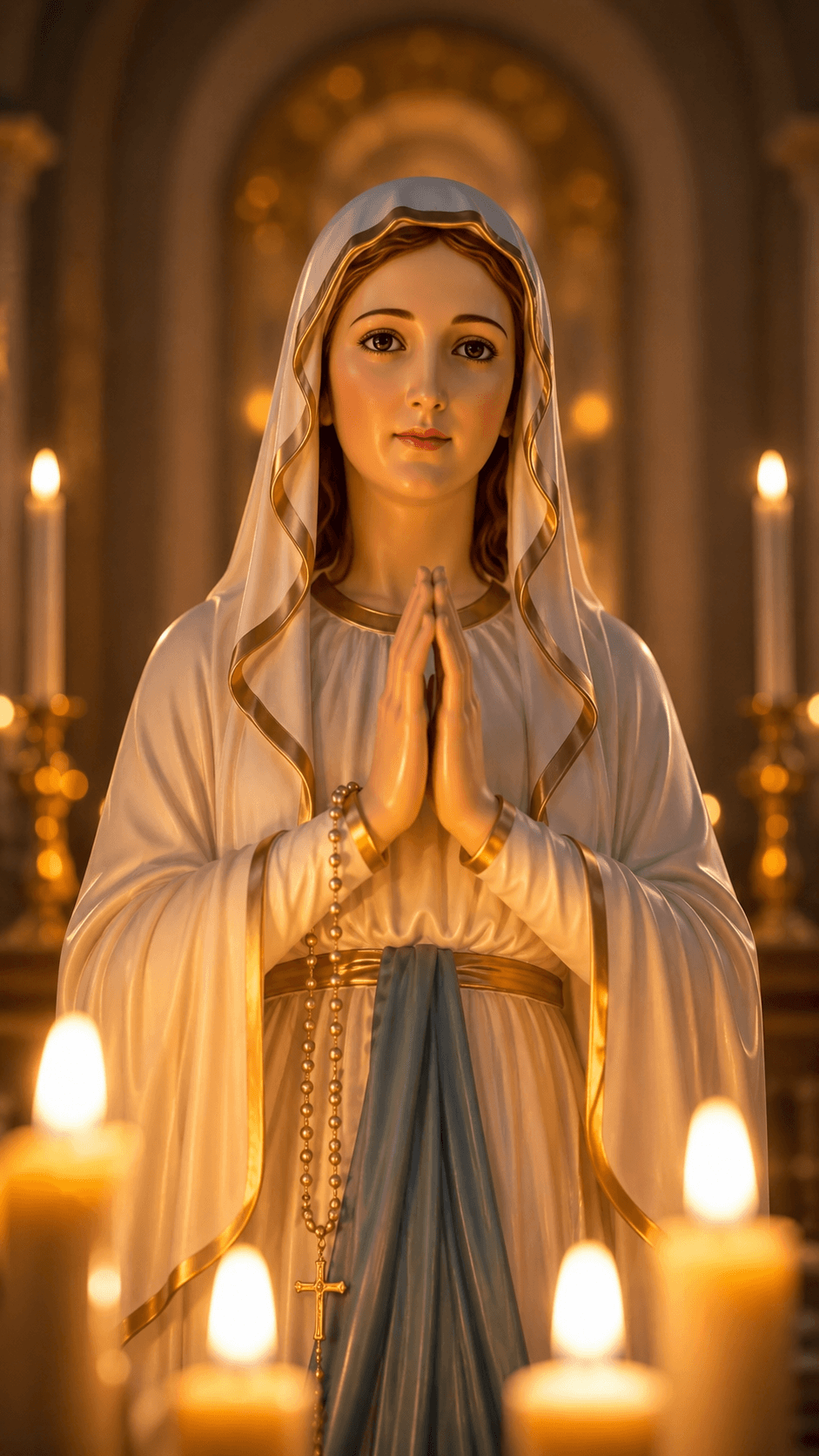 Mother Mary praying with clasped hands and a rosary, wearing a white and gold-trimmed veil inside a candlelit church, high-resolution devotional image.
