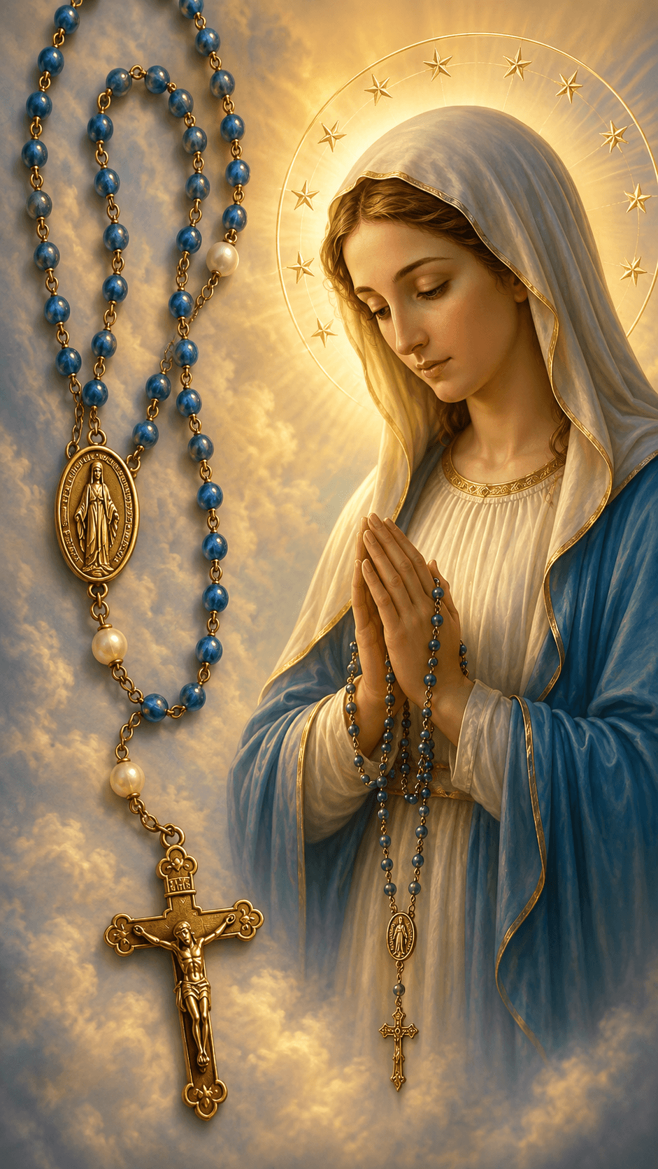 Mother Mary praying with a blue rosary, wearing a white and blue robe with a star halo, surrounded by golden clouds, 4K devotional image.
