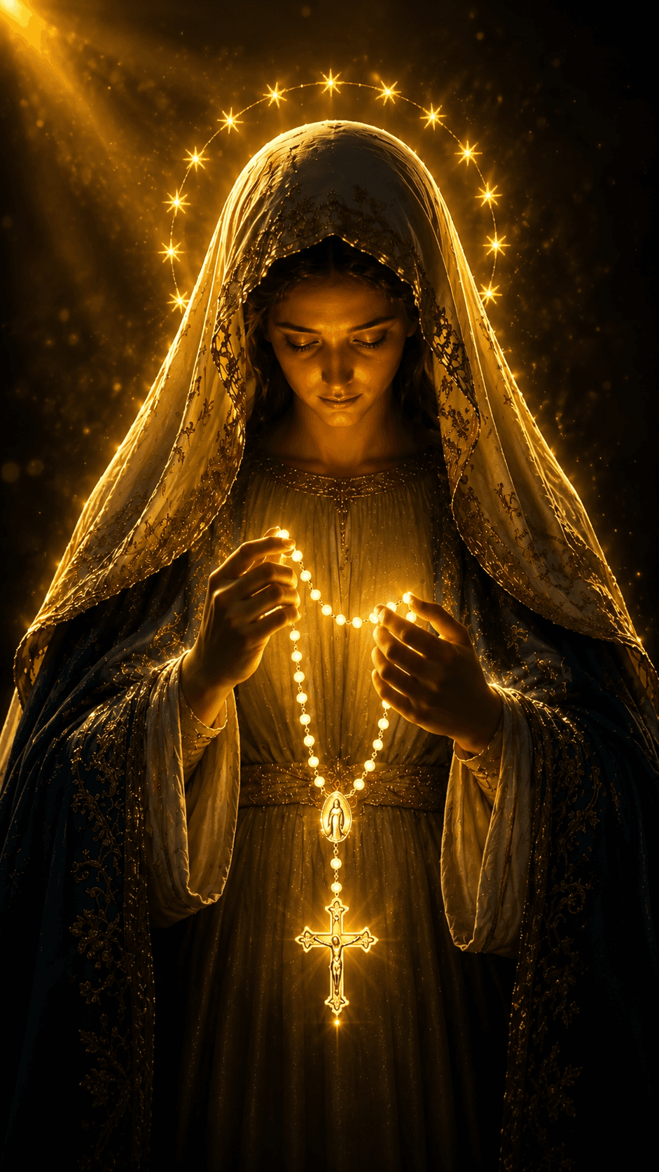 Mother Mary praying with a glowing rosary, wearing a dark embroidered veil and surrounded by a radiant golden halo, high-resolution devotional image.