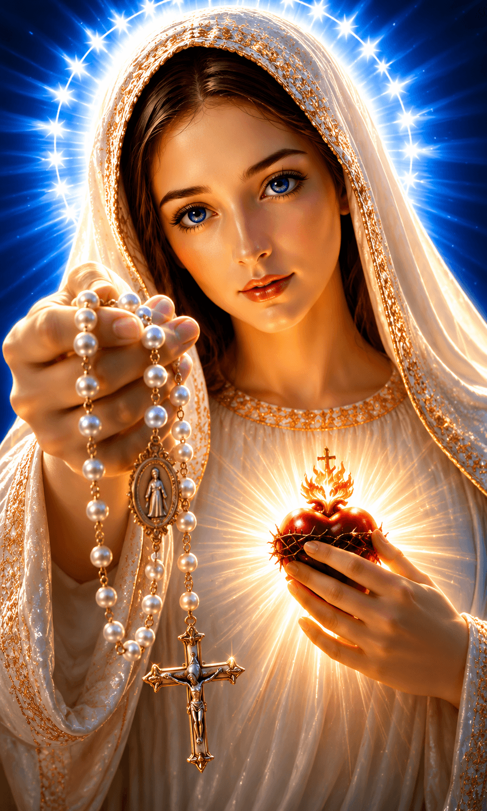 Mother Mary holding a pearl rosary and radiant Sacred Heart with a golden cross against a glowing blue background.