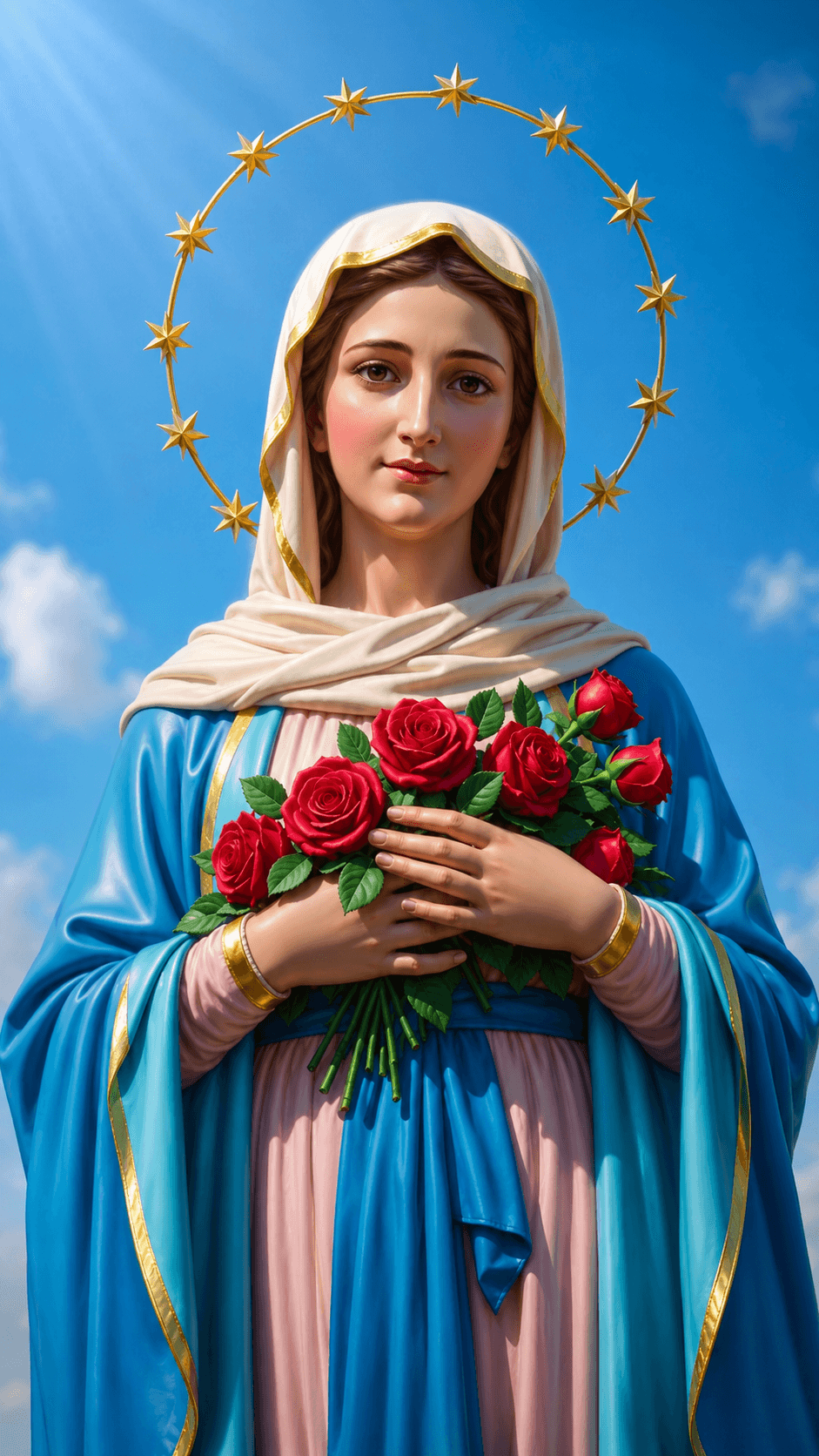 Mother Mary wearing a blue and white robe, holding a bouquet of red roses beneath a golden star halo against a bright blue sky.