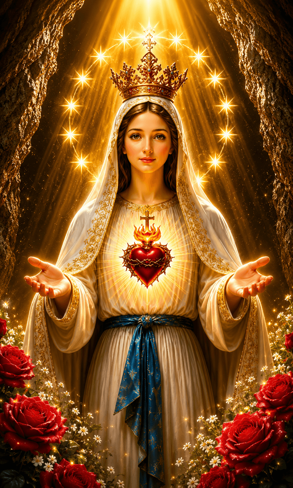 Mother Mary wearing a golden crown and white veil, displaying the radiant Sacred Heart with red roses and golden stars, high-resolution 4K image.