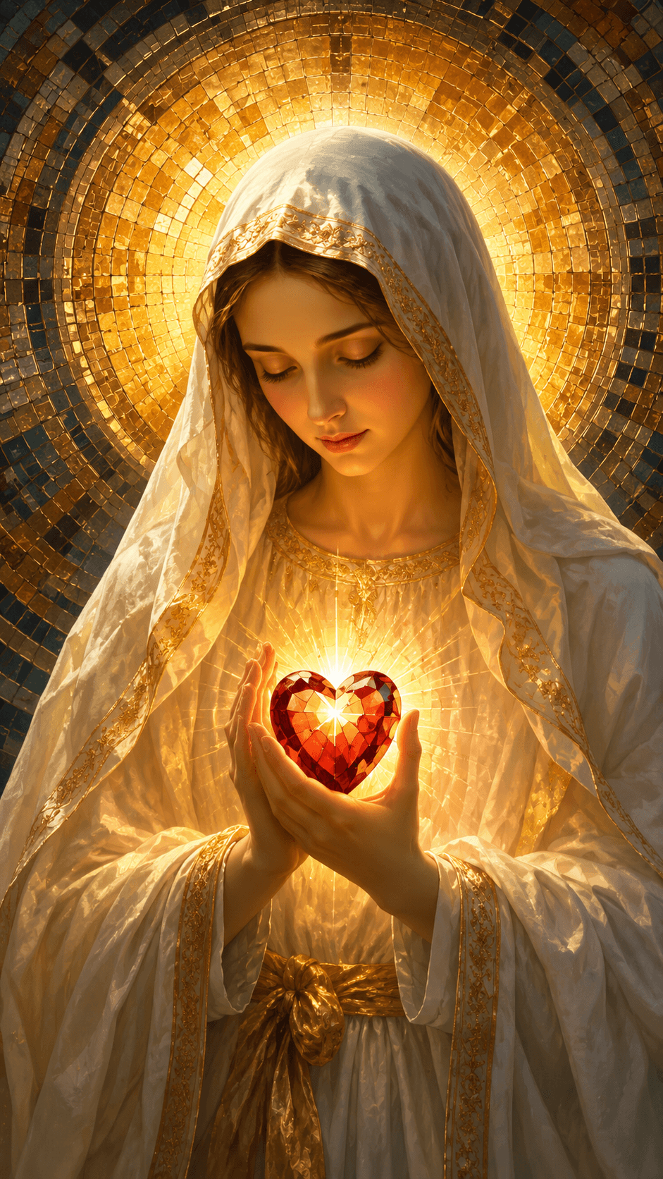 Mother Mary in a white and gold robe holding a glowing red heart, surrounded by a radiant golden mosaic halo, high-resolution 4K image.