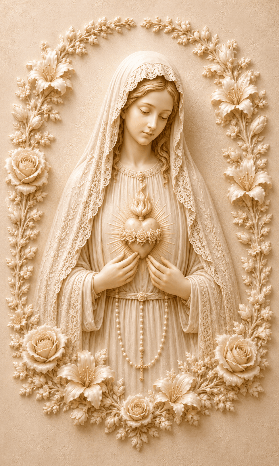 Mother Mary in an ivory lace veil holding a radiant Sacred Heart, surrounded by roses, lilies and floral details, elegant high-resolution 4K image.