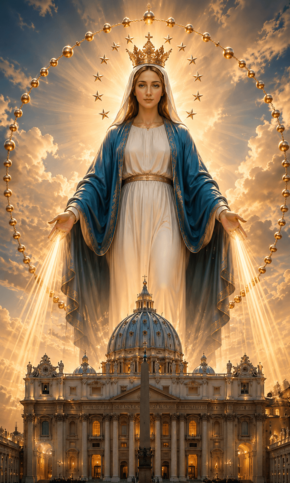 Mother Mary in a blue and white robe with a golden crown and radiant halo above St. Peter’s Basilica under a glowing sky.