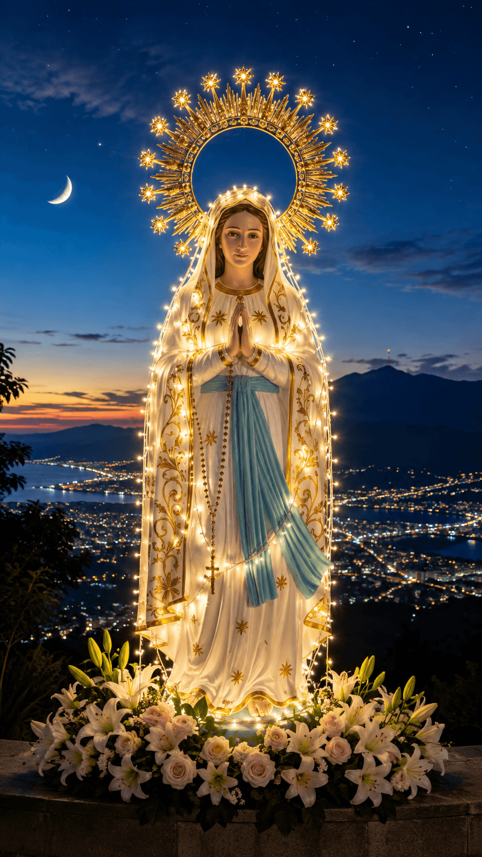 Mother Mary statue glowing with golden lights, praying beneath a radiant halo at dusk, surrounded by flowers and a cityscape, high-resolution image.