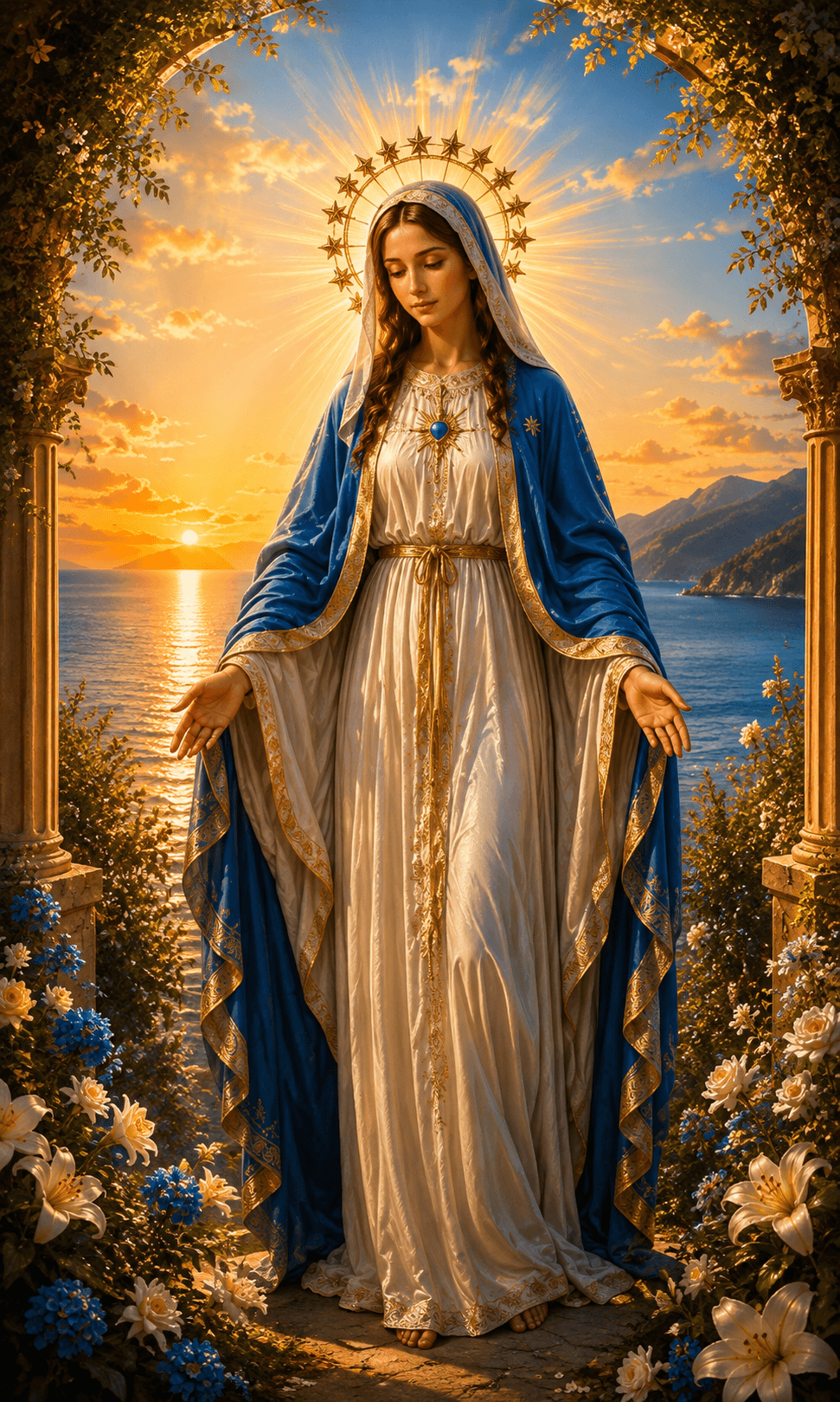 Mother Mary in a white robe and blue mantle with a star halo, standing among flowers before a glowing sunset ocean and mountains, 4K image