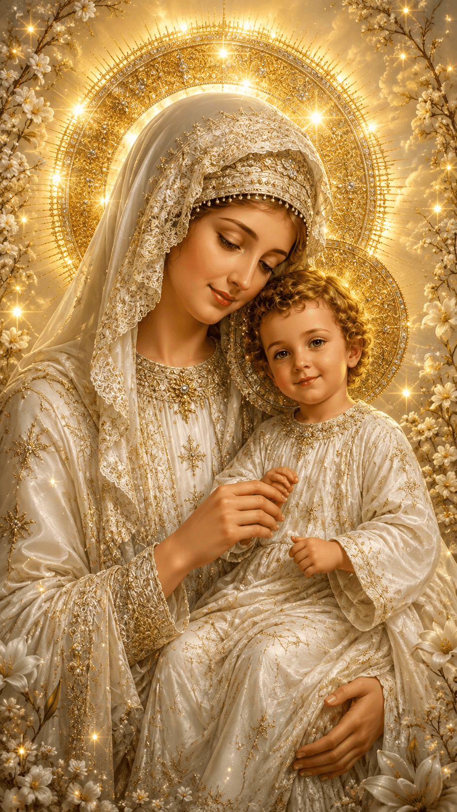 Mother Mary holding child Jesus in an ornate white and gold robe, surrounded by flowers and radiant golden halos, high-resolution 4K image.