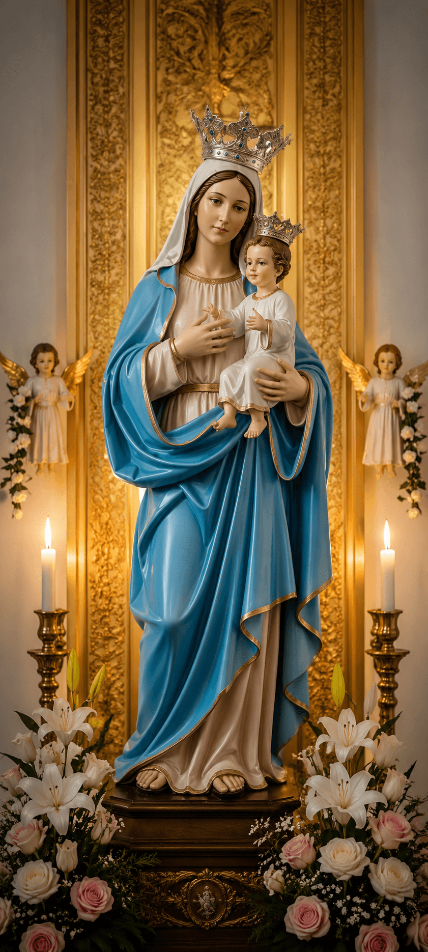Mother Mary holding baby Jesus, wearing blue and white robes with crowns, surrounded by flowers, candles and angel statues in a church setting.