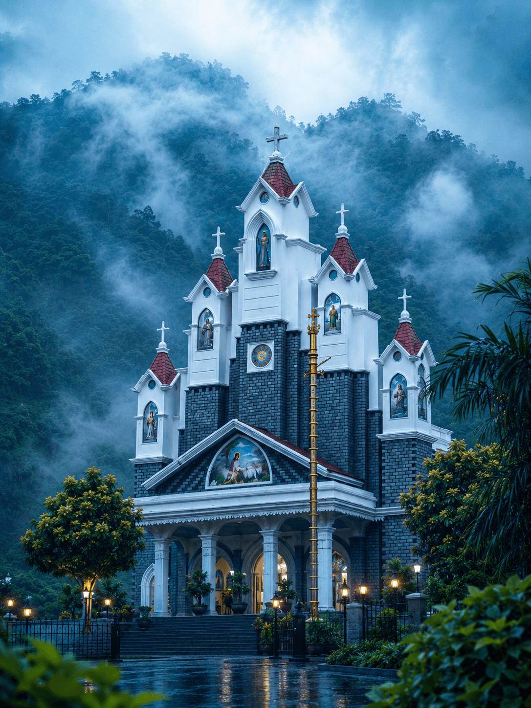 Beautiful white mountain church surrounded by misty green hills, crosses and lush greenery, high-resolution 4K image for download.