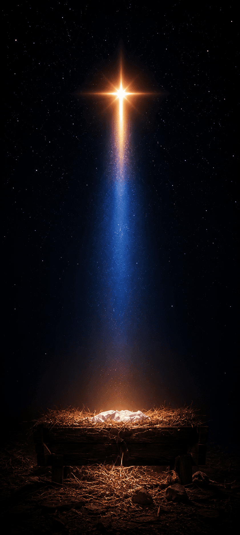 High-resolution 4K image of the Nativity manger illuminated by the Star of Bethlehem, symbolizing the birth of Jesus Christ, perfect for Christmas wallpapers, church designs, and devotional artwork.