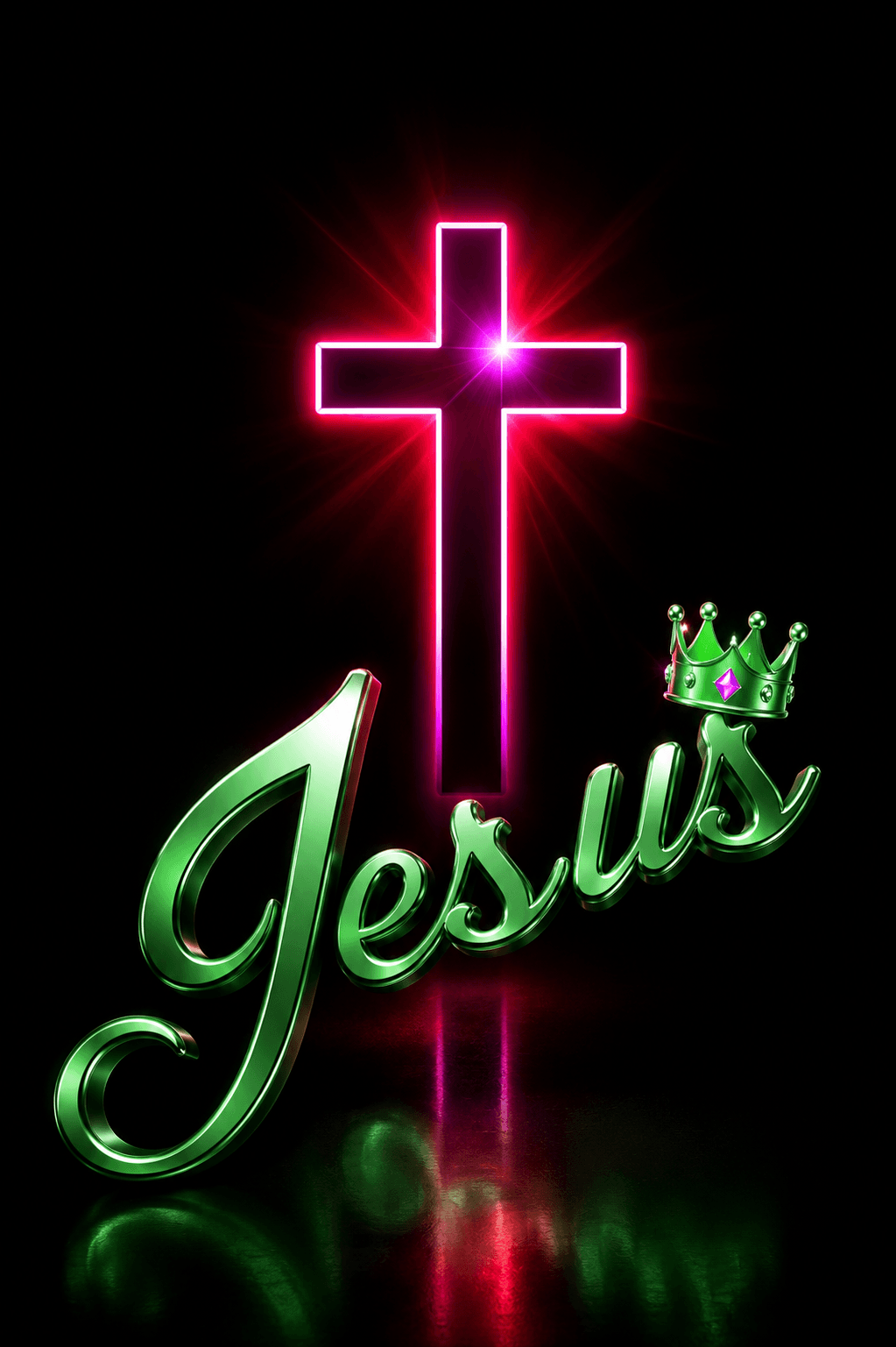 High-resolution neon pink Christian cross with stylish green Jesus typography and a crown on a black background, ideal for HD wallpapers, Christian artwork, and digital faith-inspired designs.