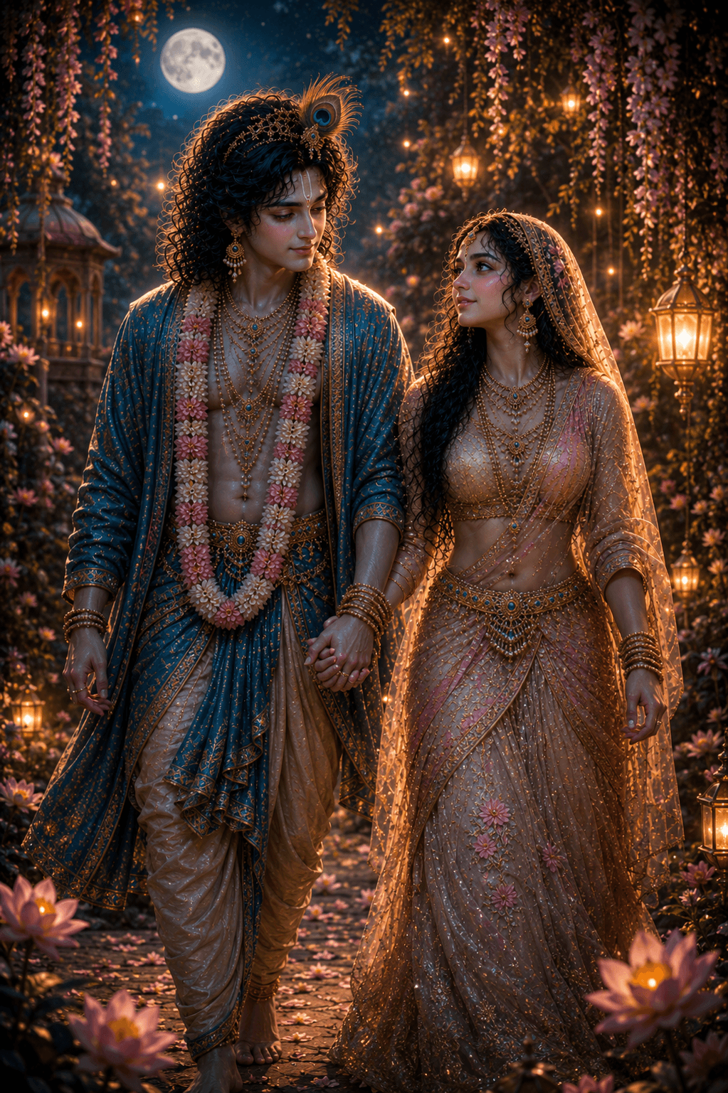 Romantic 4K Radha Krishna image in a moonlit garden with peacock feathers, floral decorations, and divine attire, free HD download.