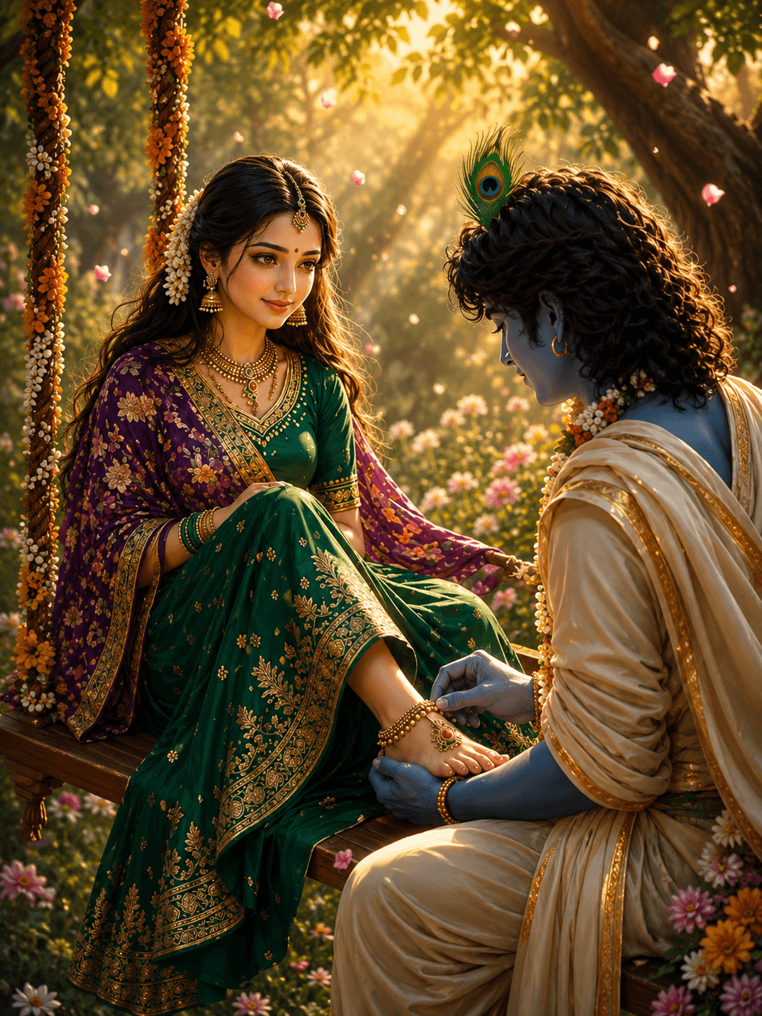 Beautiful 4K Radha Krishna image in a flower garden with a decorated swing, free HD download for wallpapers, devotion, and spiritual projects.