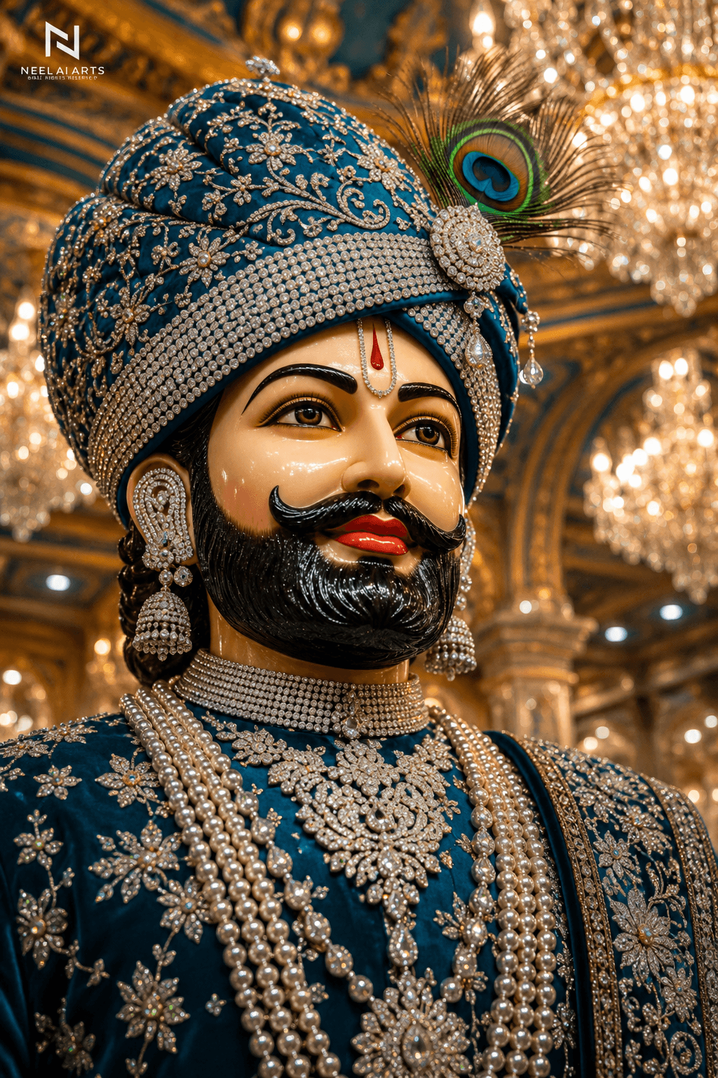 Beautiful 4K image of Khatu Shyam Ji in royal blue attire with diamond jewelry, peacock feather crown, and glowing chandelier background, free HD wallpaper download.
