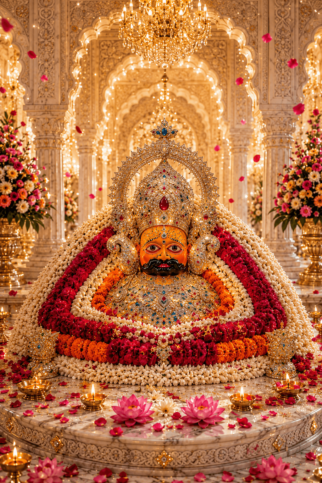 Stunning 4K image of Khatu Shyam Ji Darbar decorated with floral garlands, golden ornaments, and glowing temple lights, free HD wallpaper download.