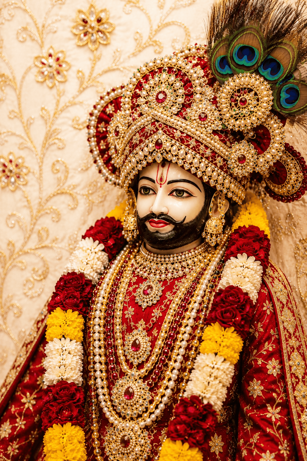 Stunning 4K image of Khatu Shyam Ji in royal red attire with pearl necklaces and peacock feather crown, free HD download.