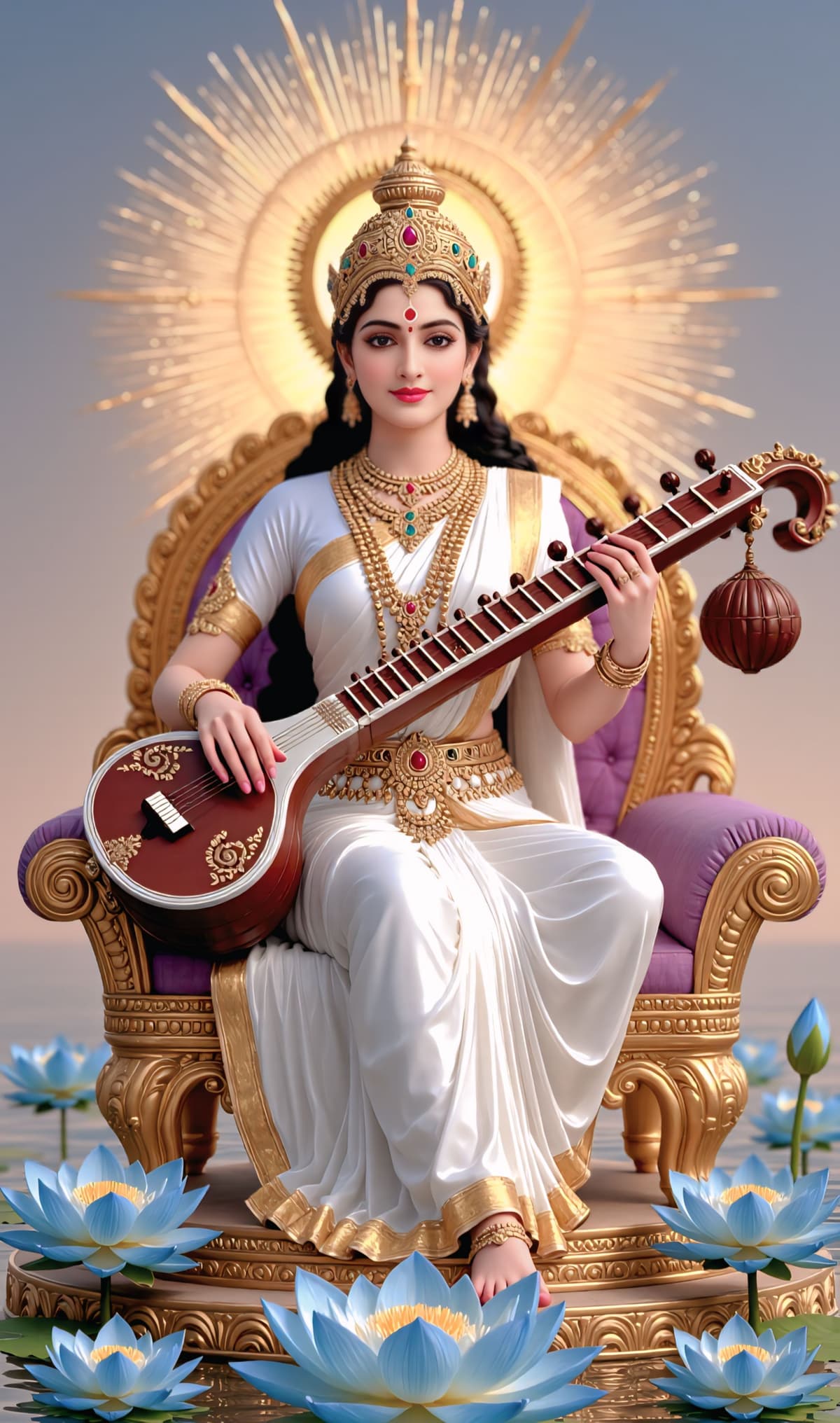 Royal 4K image of Goddess Saraswati seated on a throne with radiant halo, free download