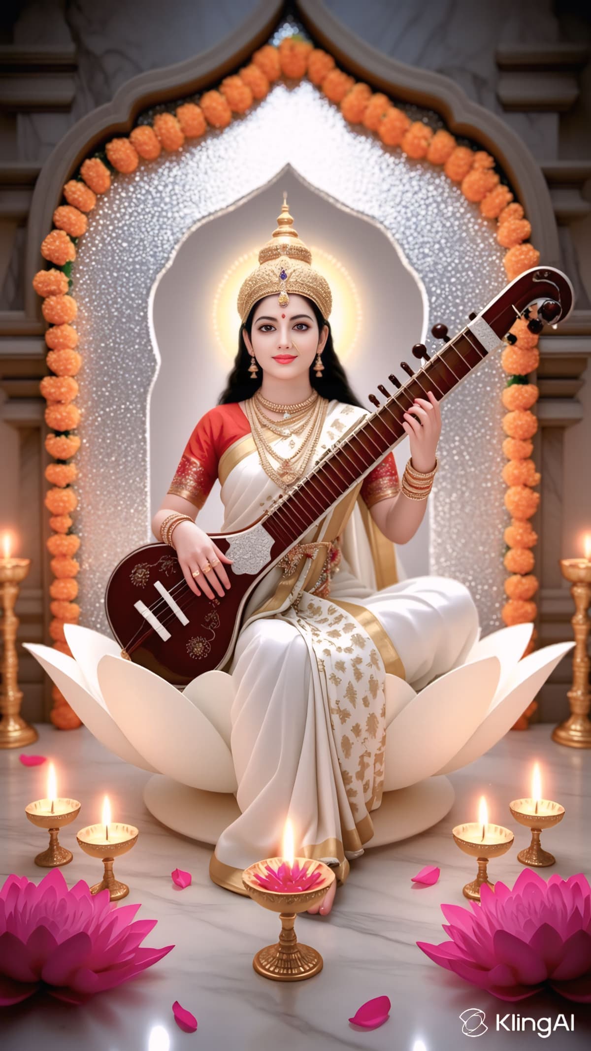 Sacred Goddess Saraswati image symbolizing wisdom and knowledge. Download free HD & 4K wallpaper for devotional posts, festivals, and spiritual inspiration.