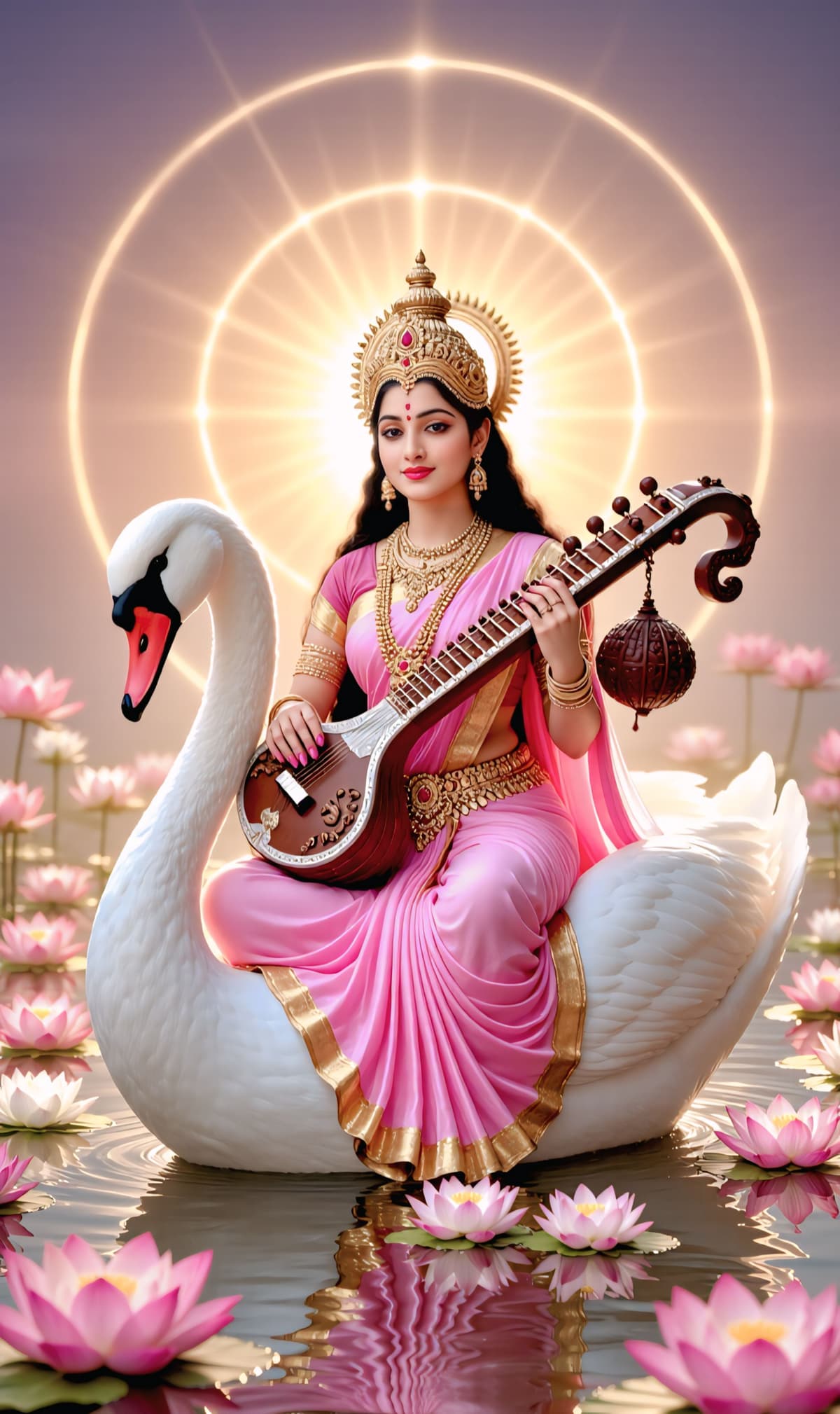Goddess Saraswati seated on swan with veena and lotus flowers, HD divine wallpaper free.